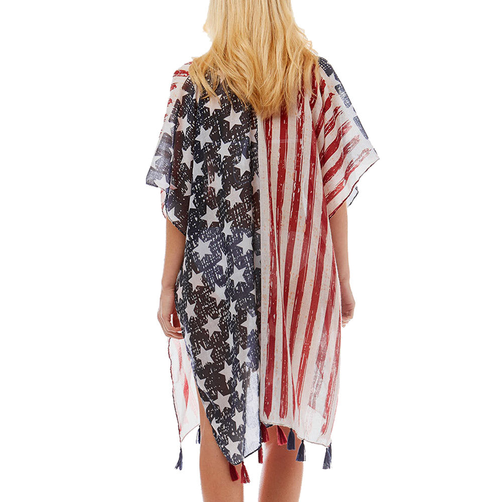 American Flag Printed Tassel Kimono Poncho Cover Up