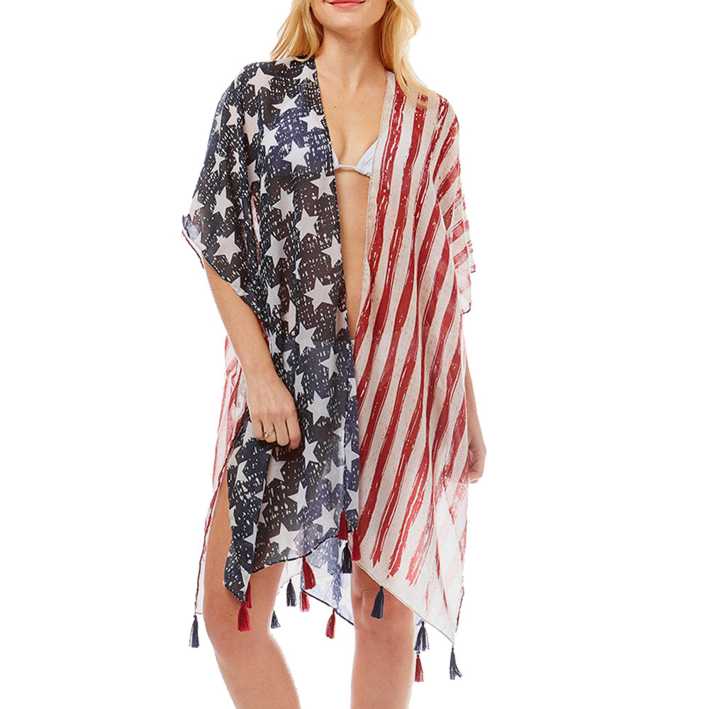 American Flag Printed Tassel Kimono Poncho Cover Up