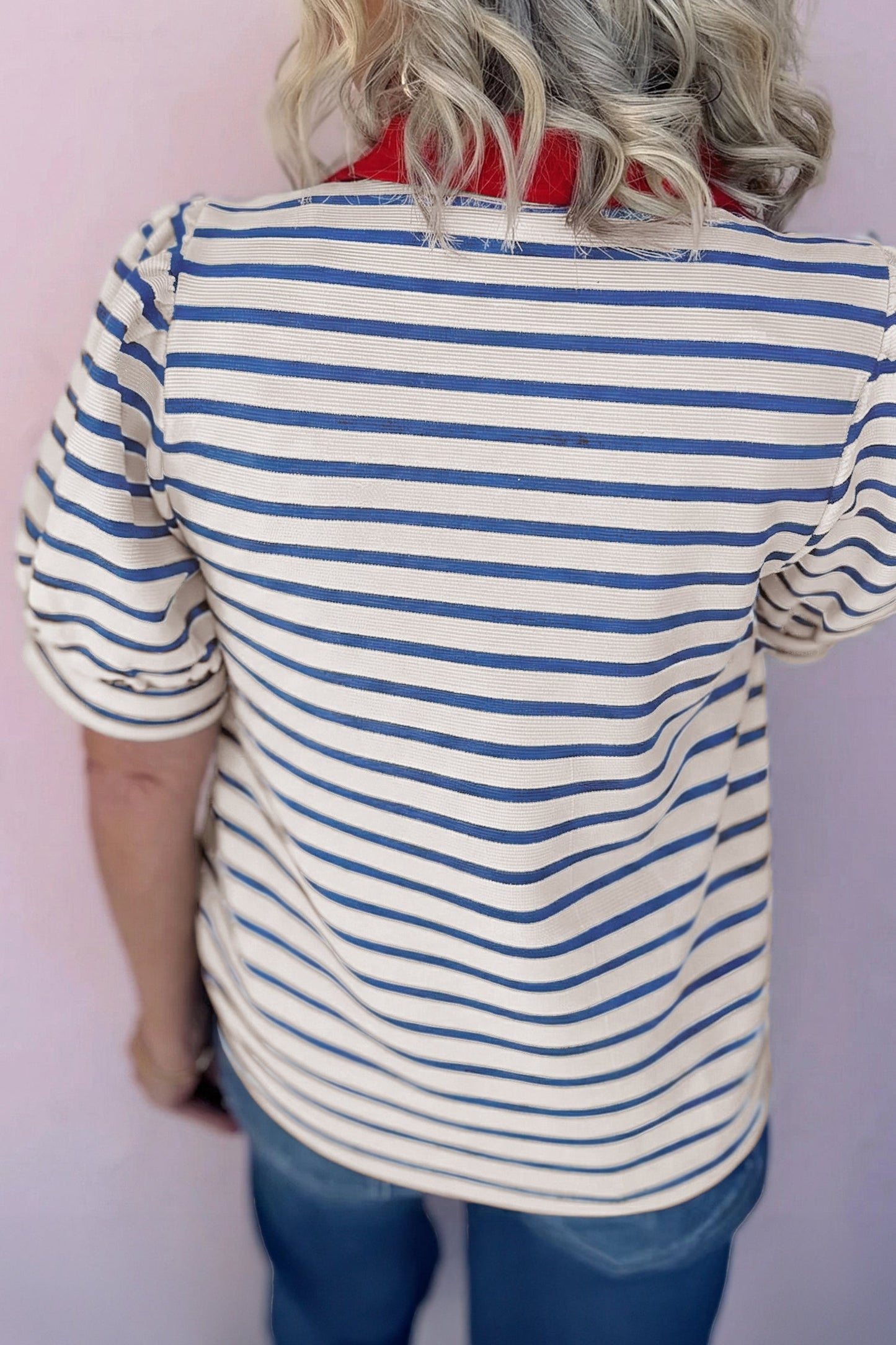 Stripe Colorblock Puff Sleeve Polo Collar Blouse