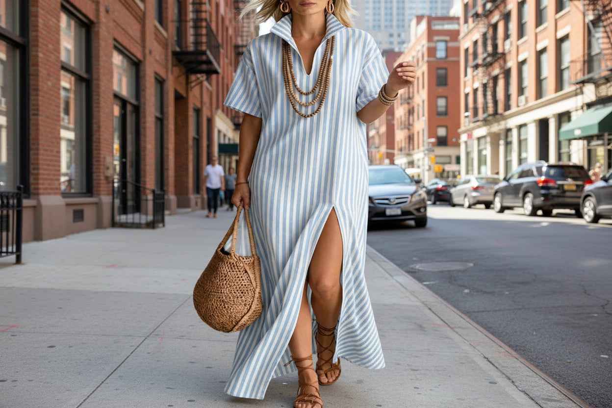Women's Striped Slit Cotton-Linen Maxi Dress – V-Neck Short Sleeve