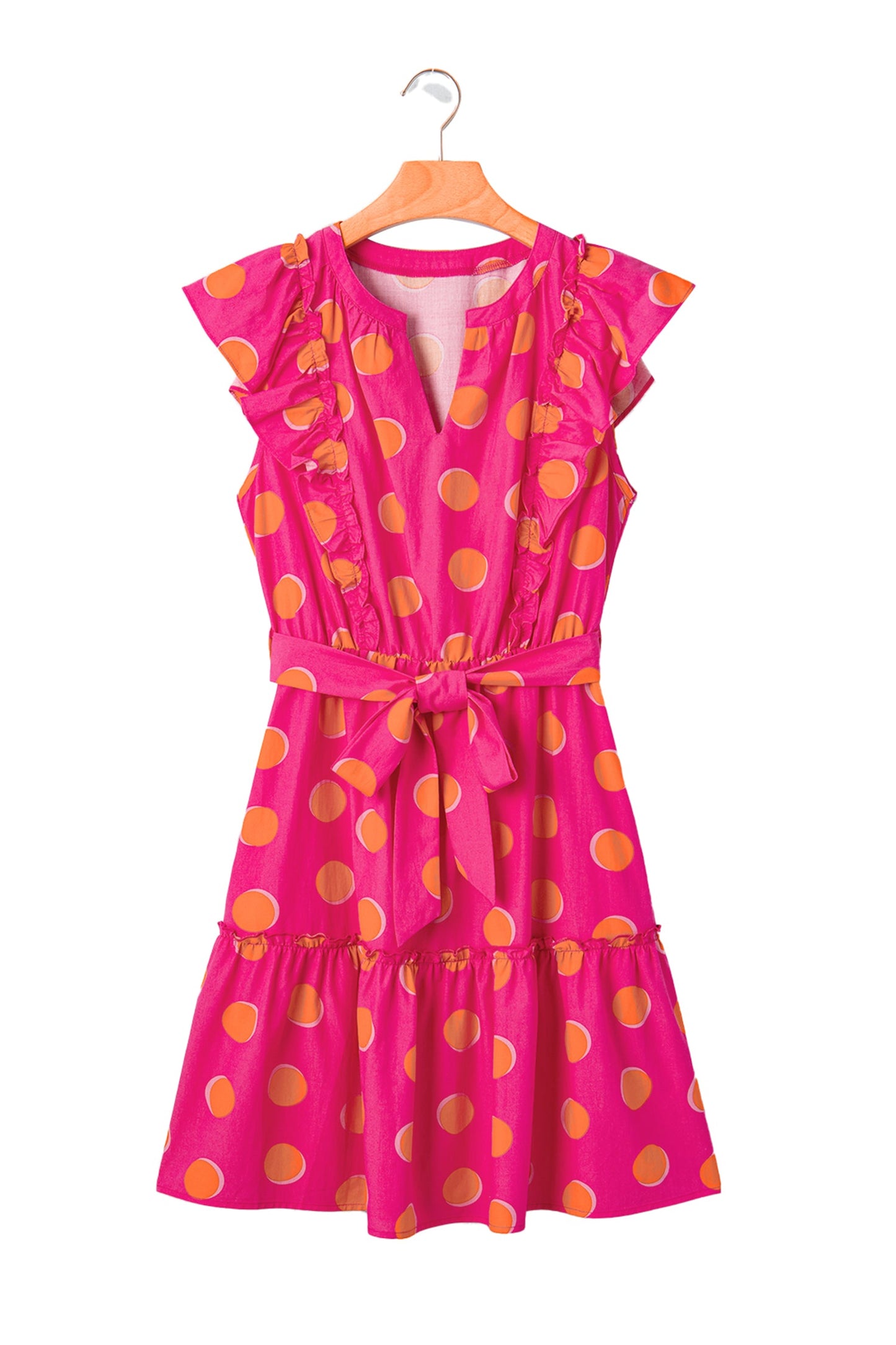 Polka Dot V-Neck Ruffle Belted Mini Dress