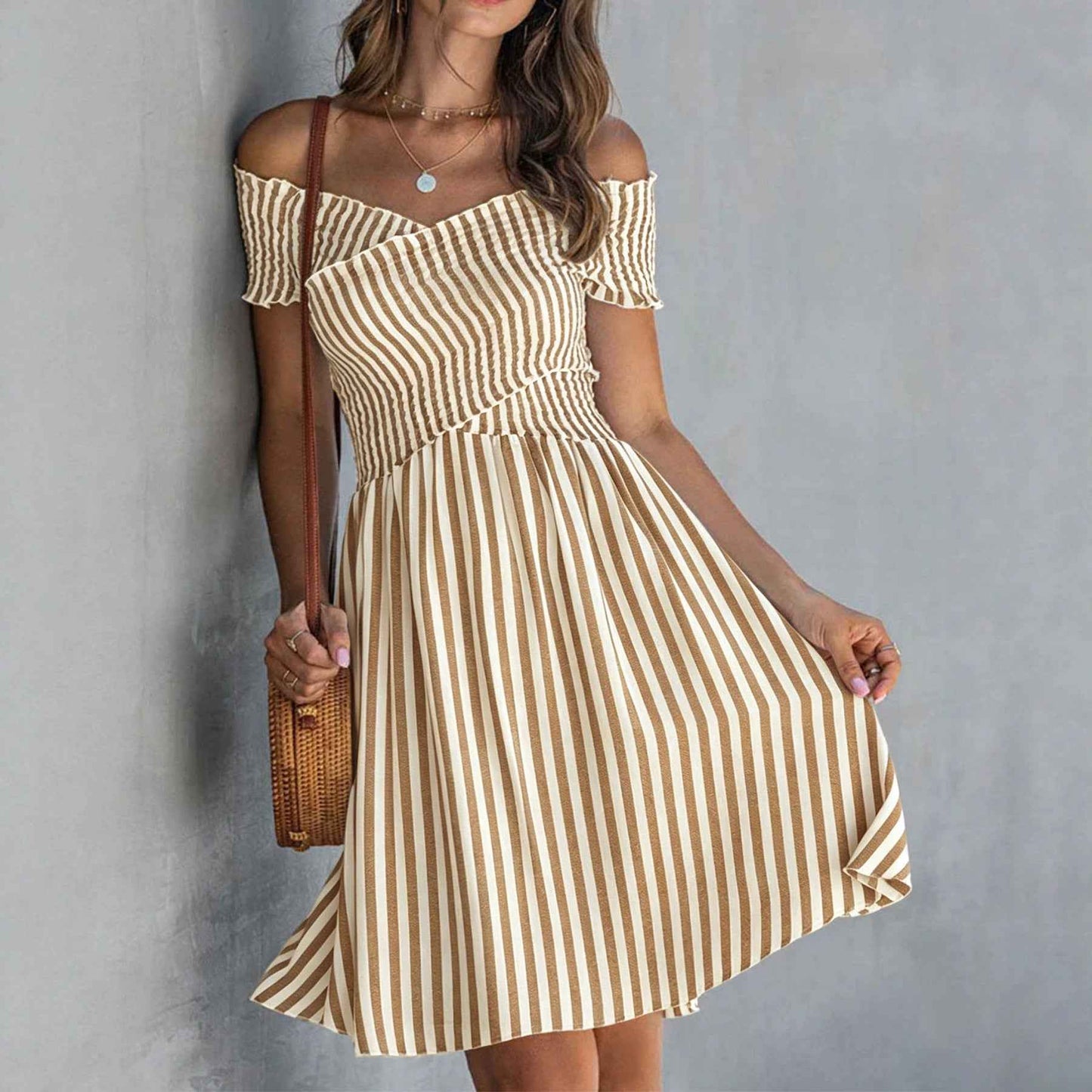 Women's Off-Shoulder Striped Waist-Cinching Midi Dress