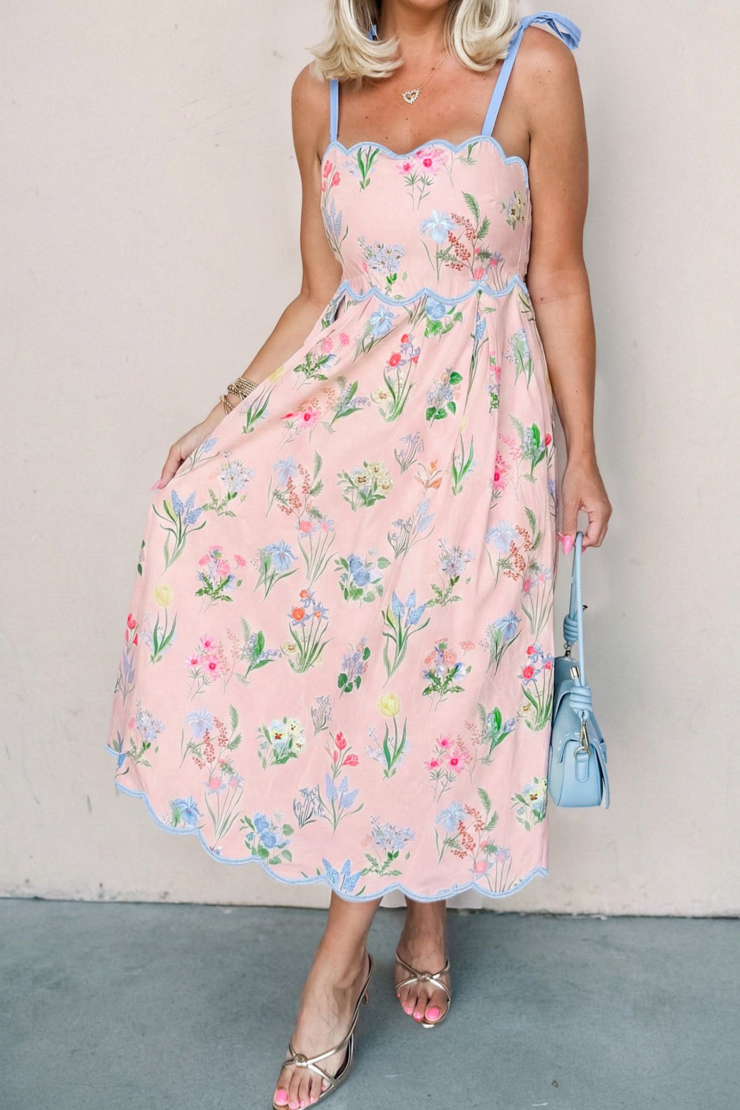 Floral Contrast Trim Tie Strap Midi Dress