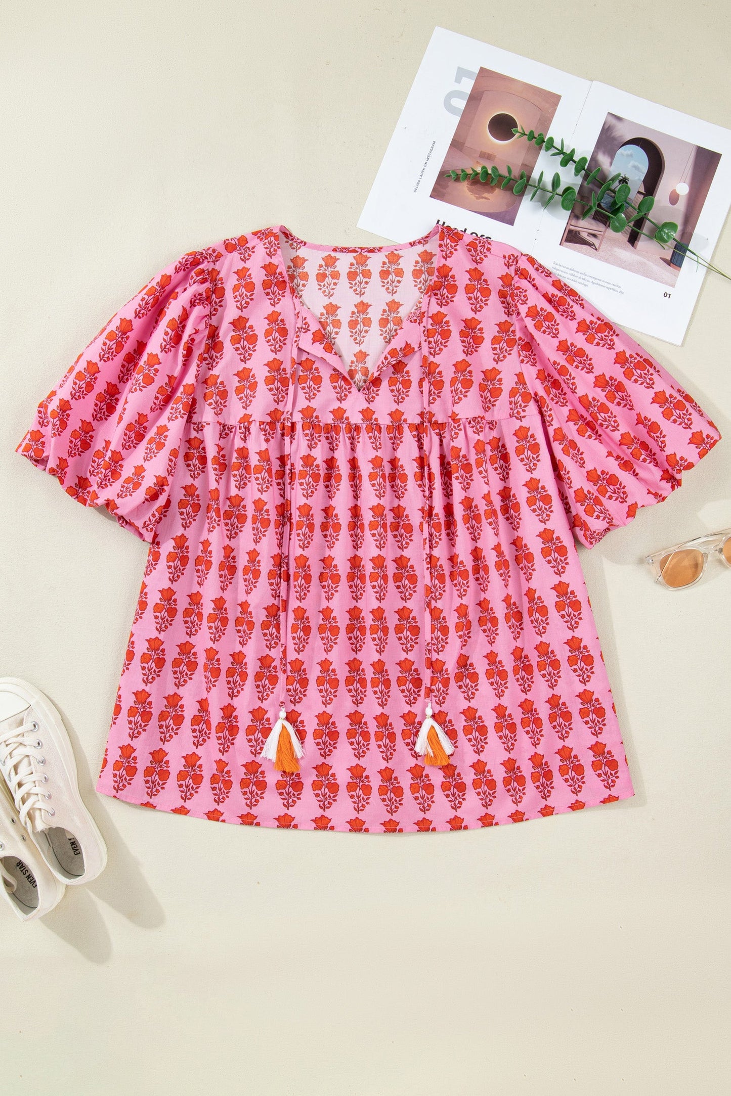 Plus Size Floral Tassel Tie Puff Sleeve Blouse