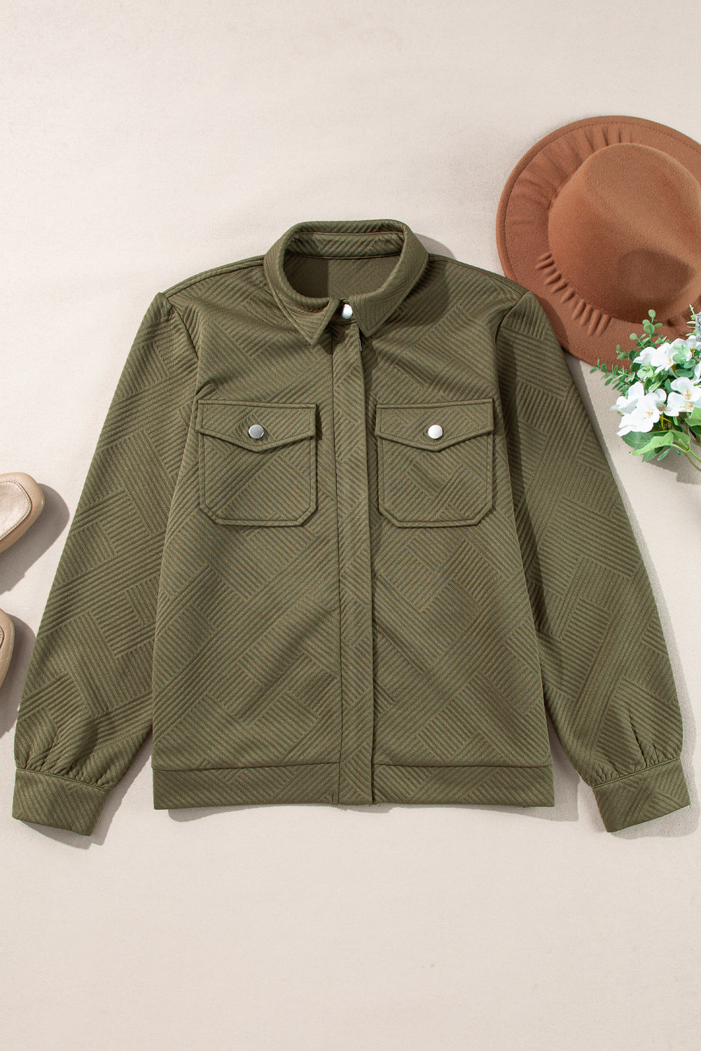 Solid Flap Pocket Shirt Collar Zip Up Jacket
