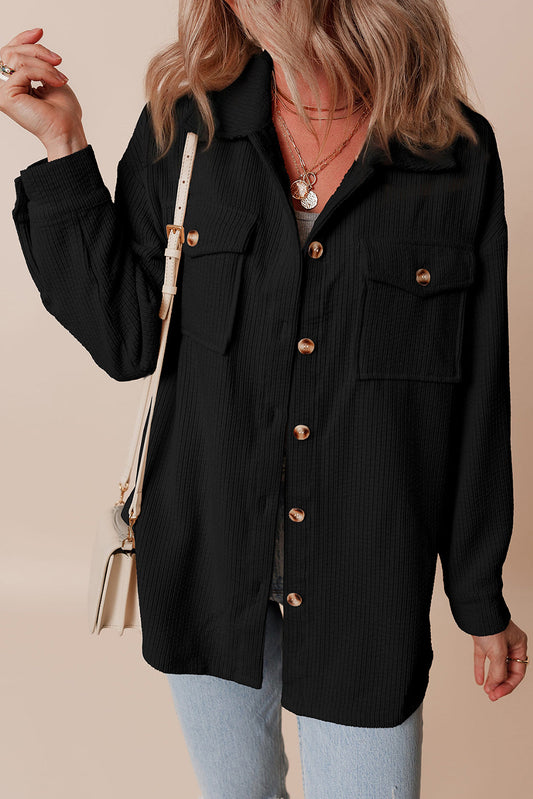 Solid Corduroy Button-Up Pocketed Shacket