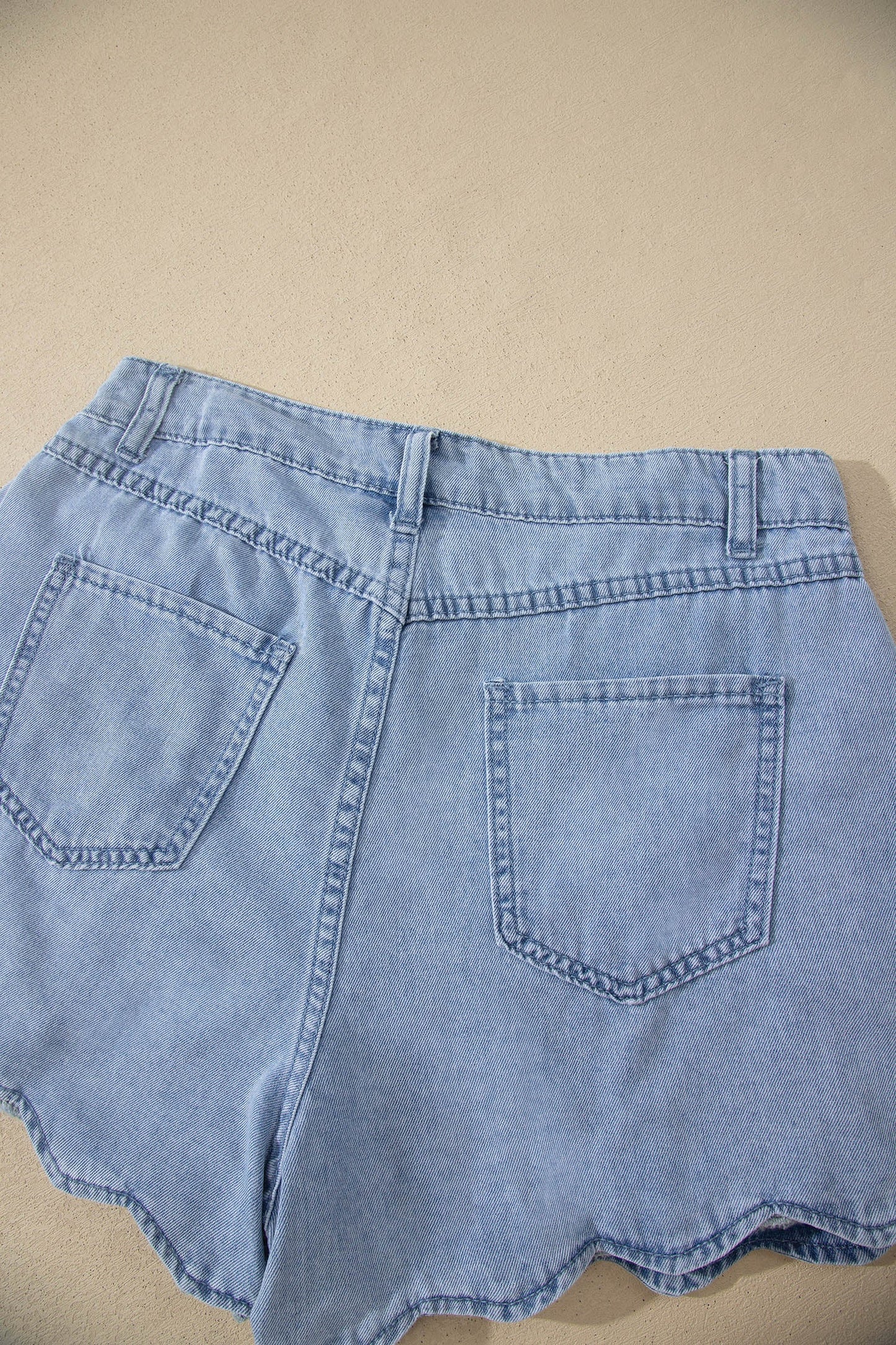 Solid Denim Scalloped Trim High Waist Shorts