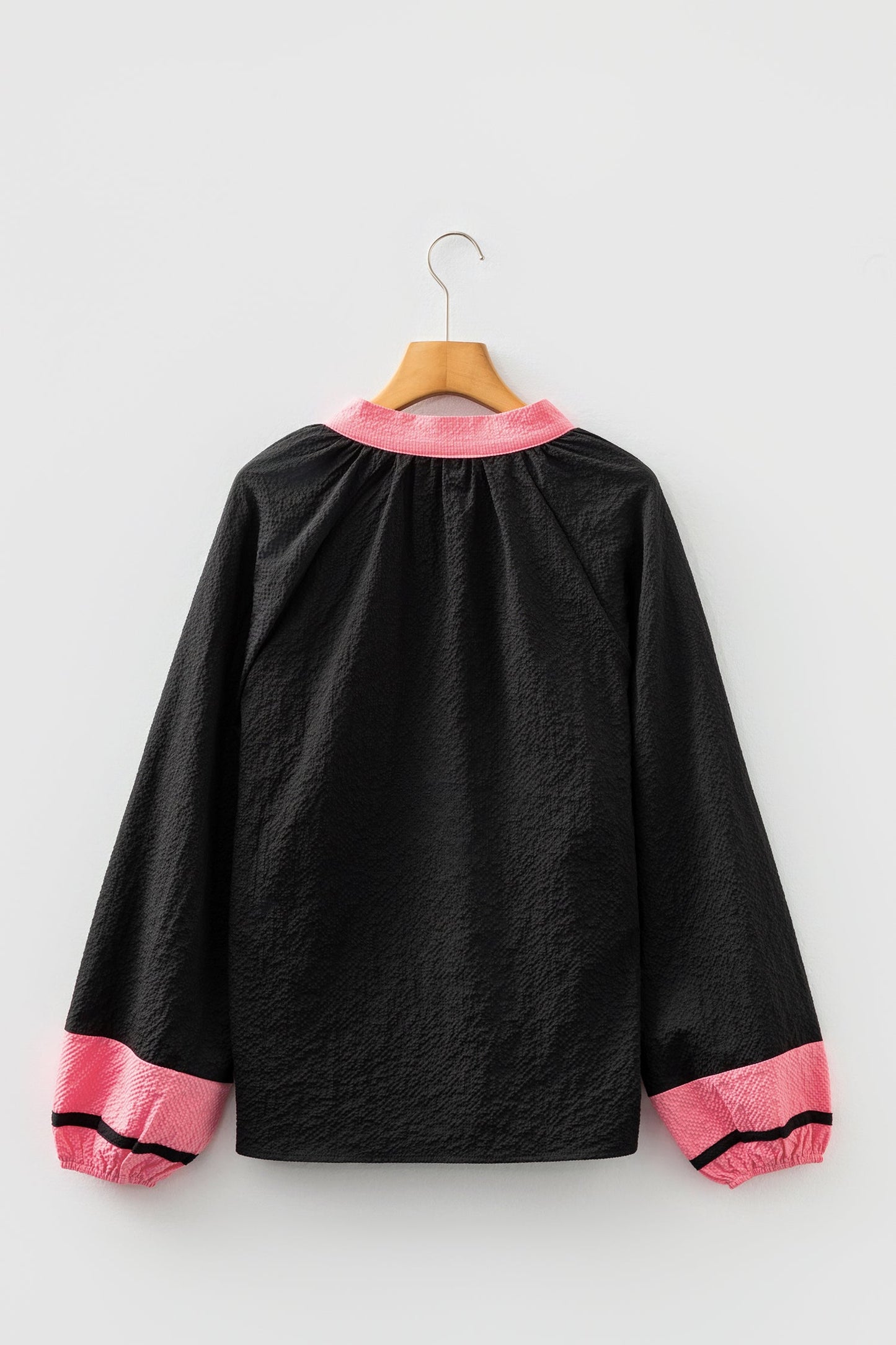Colorblock V-Neck Textured Long Sleeve Blouse
