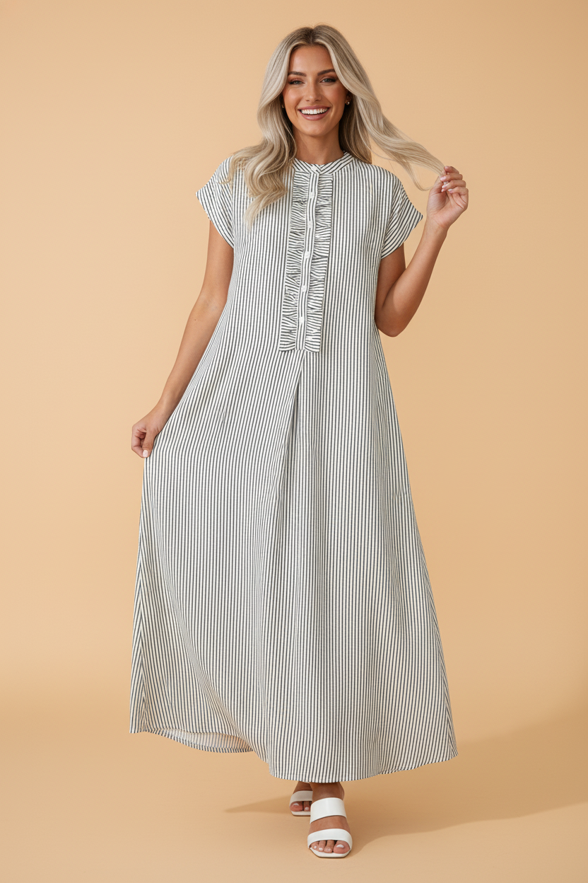 Stripe Frilled Half Buttoned Maxi Dress