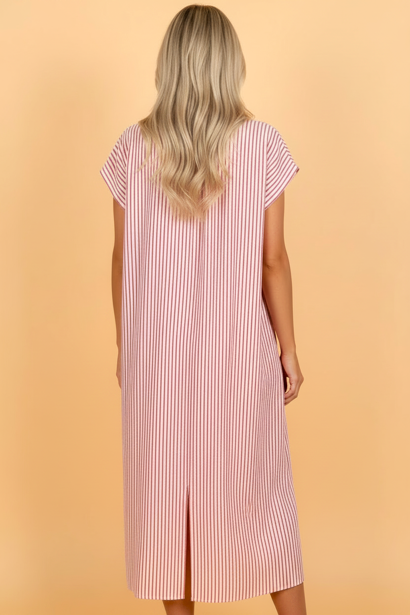 Stripe Frilled Half Buttoned Maxi Dress
