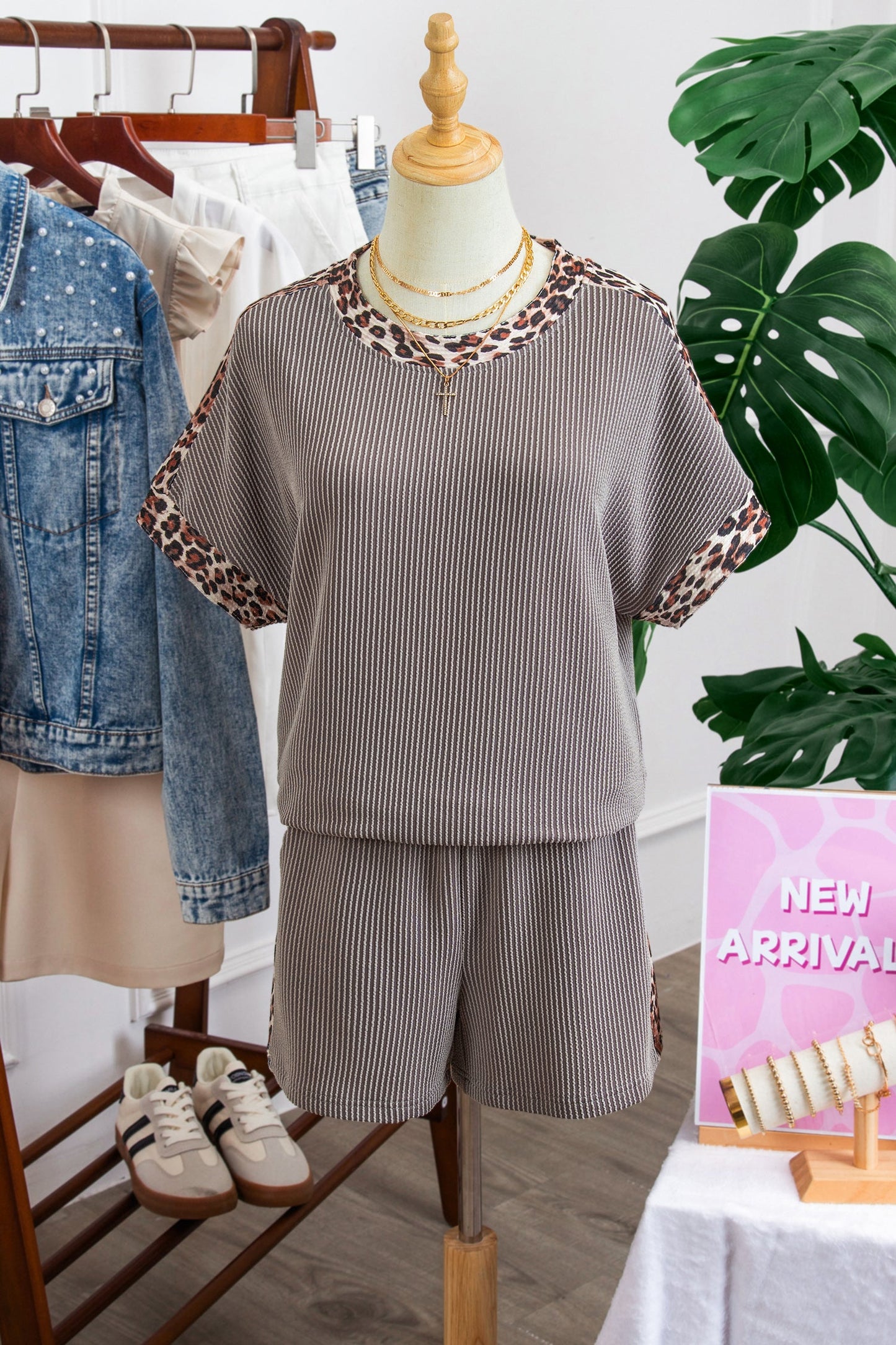 Leopard Trim Corded Top & Shorts Set