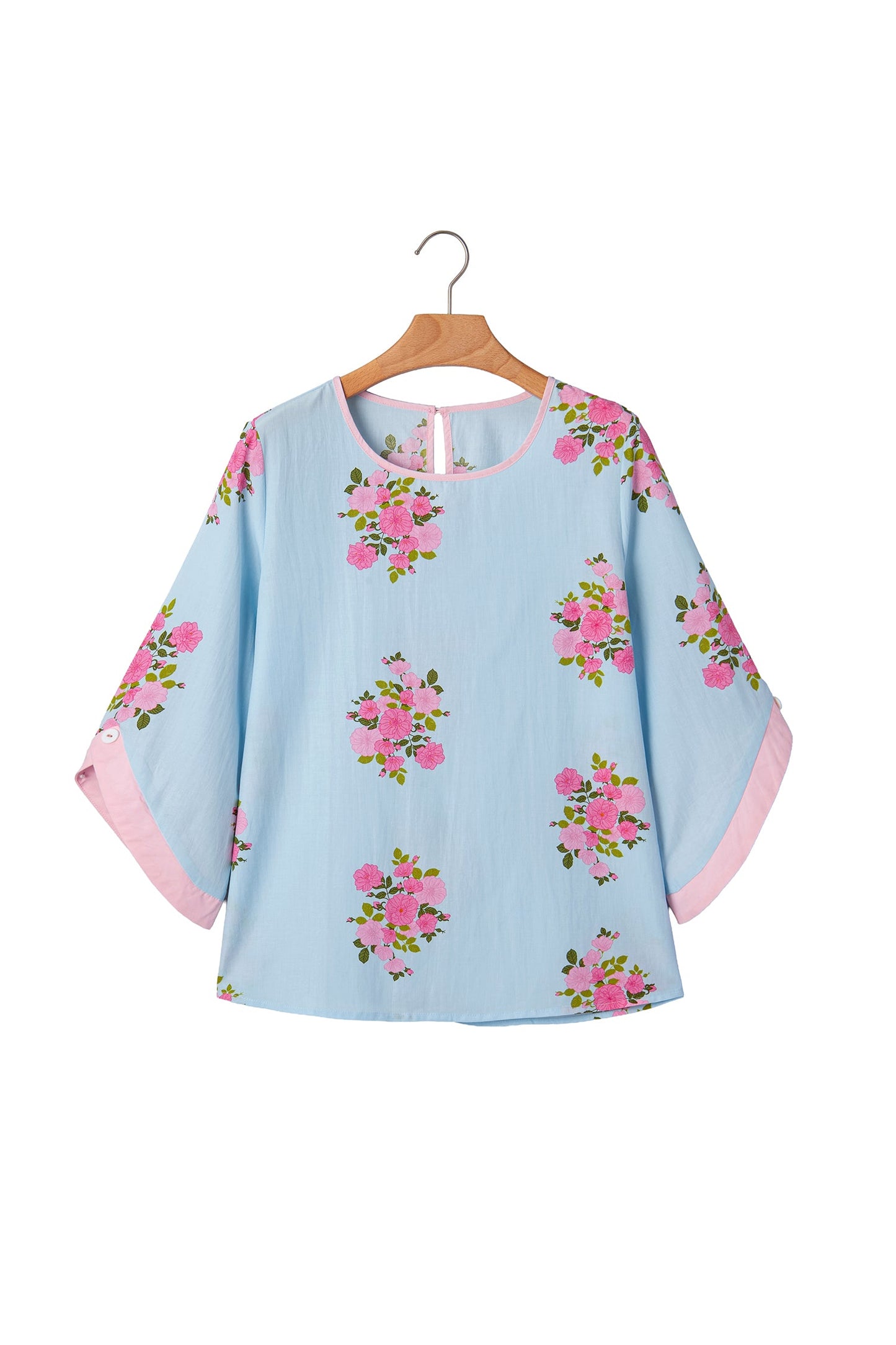 Floral Button Cuffed 3/4 Sleeve Round Neck Blouse