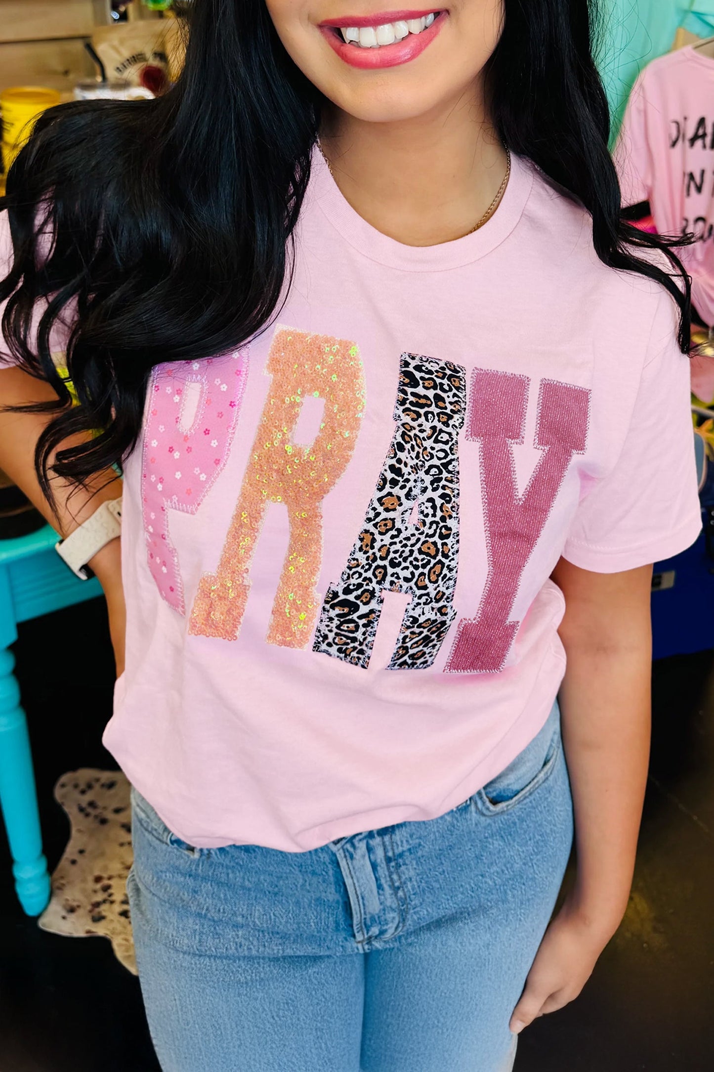 PRAY Sequin Leopard Short Sleeve Graphic Tee