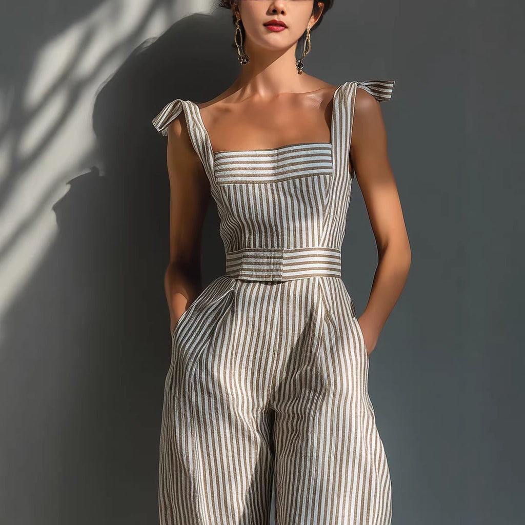 Women's Striped Linen Sleeveless Wide-Leg Jumpsuit