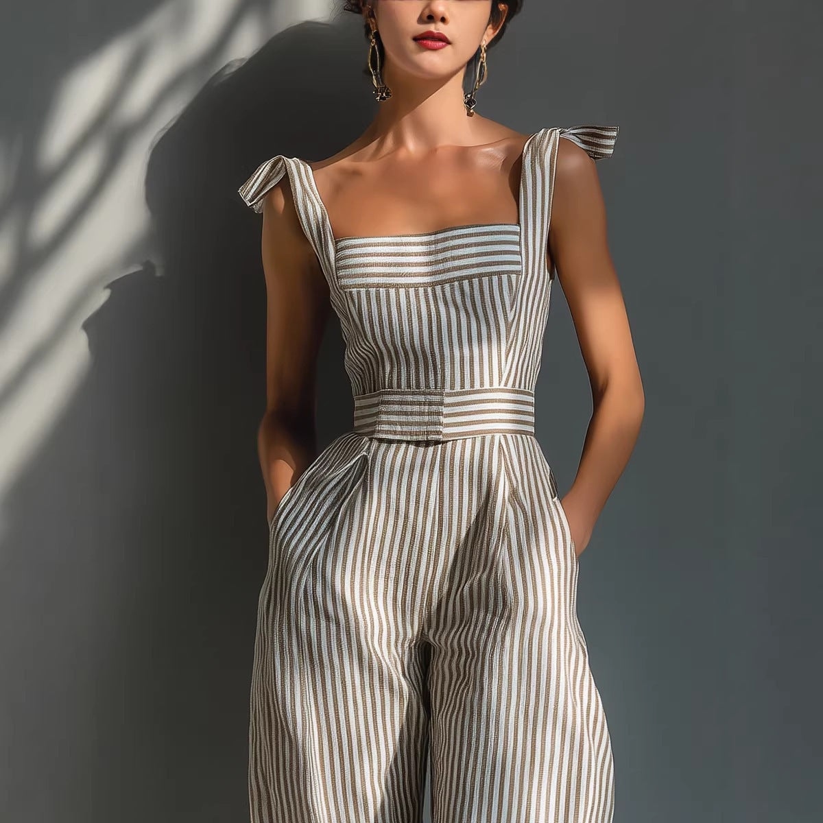 Women's Striped Linen Sleeveless Wide-Leg Jumpsuit