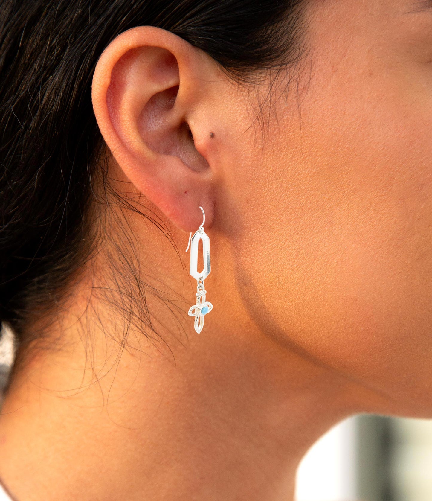 Blue Turquoise and Sterling Silver Cross Drop Earrings