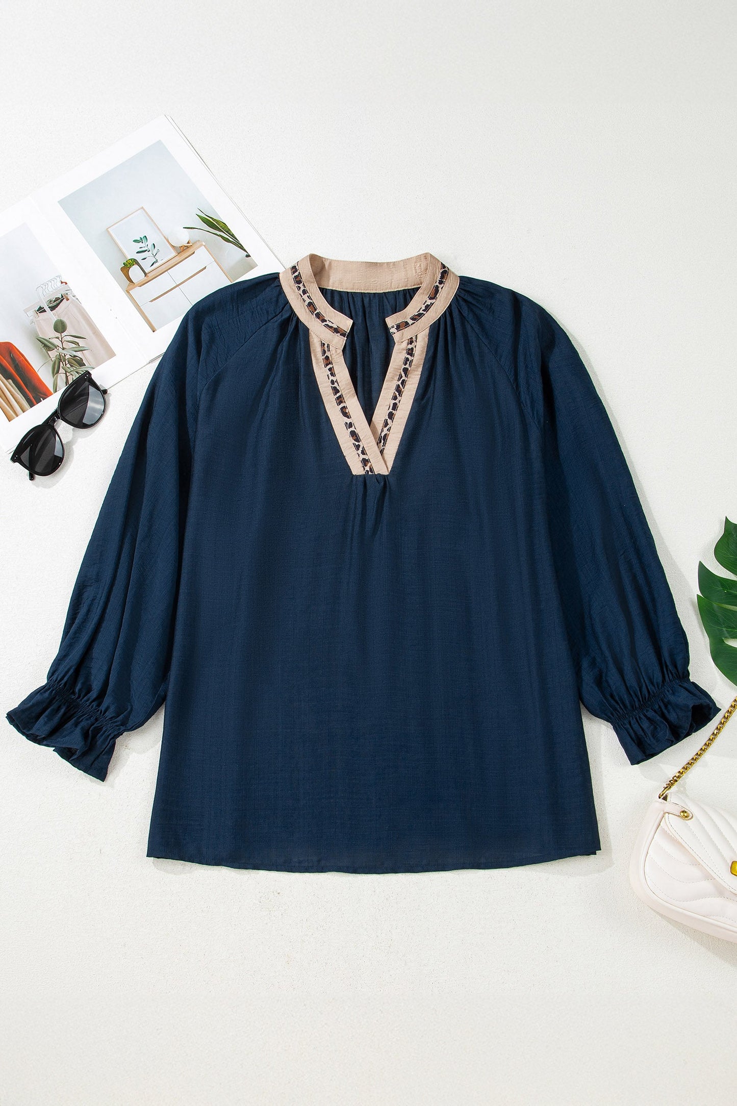 Plus Size Leopard Contrast Collar Long Sleeve Blouse
