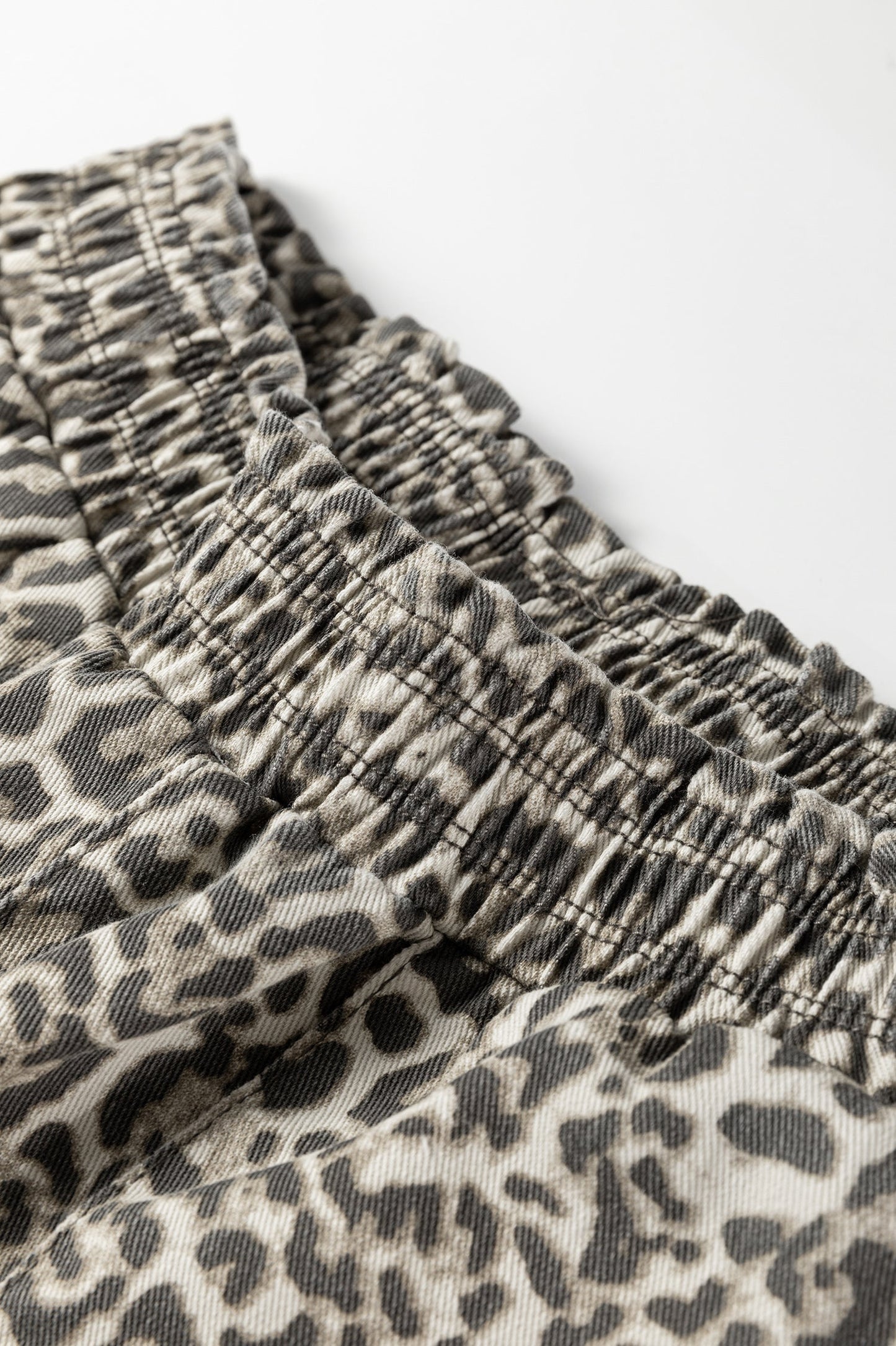 Leopard Denim Raw Hem Elastic Waist Loose Jeans