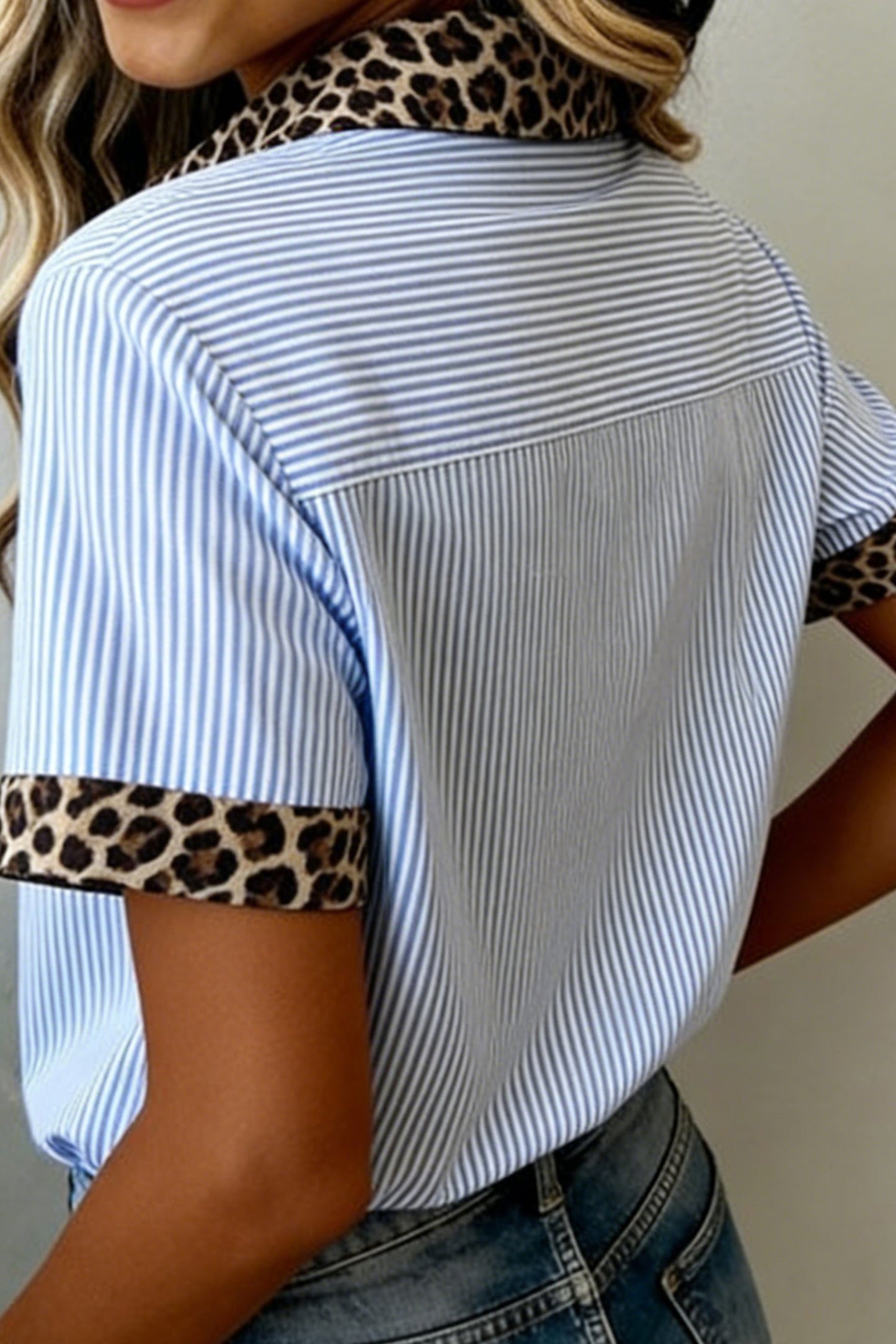 Stripe Leopard Contrast Collar Short Sleeve Shirt