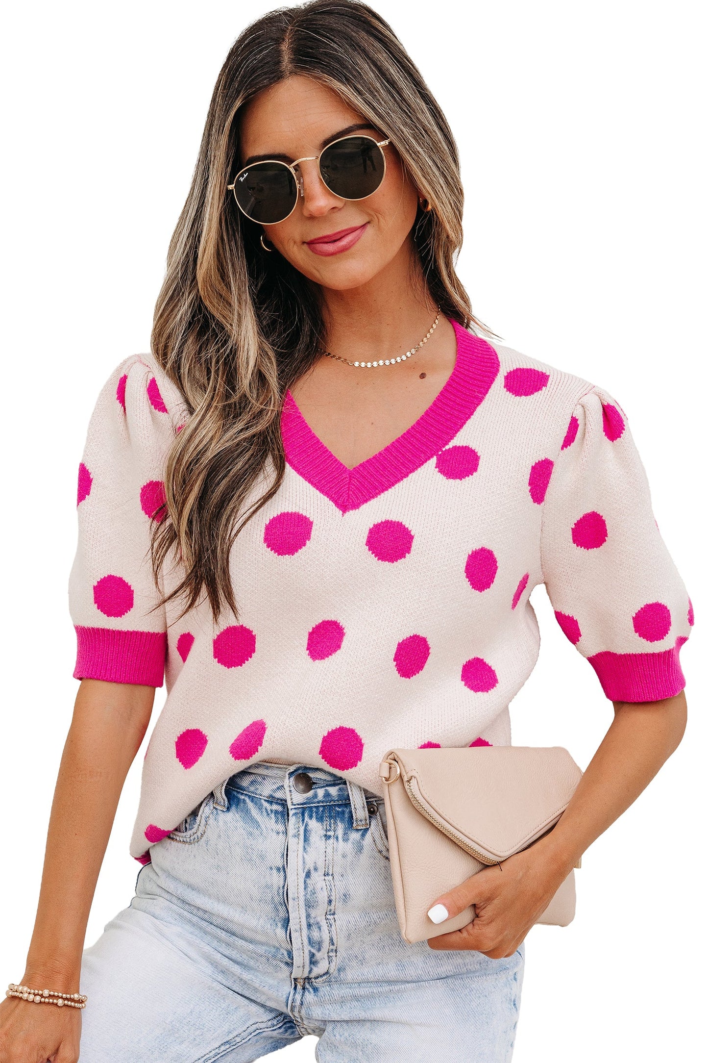 Polka Dot Puff Short Sleeve Sweater Top