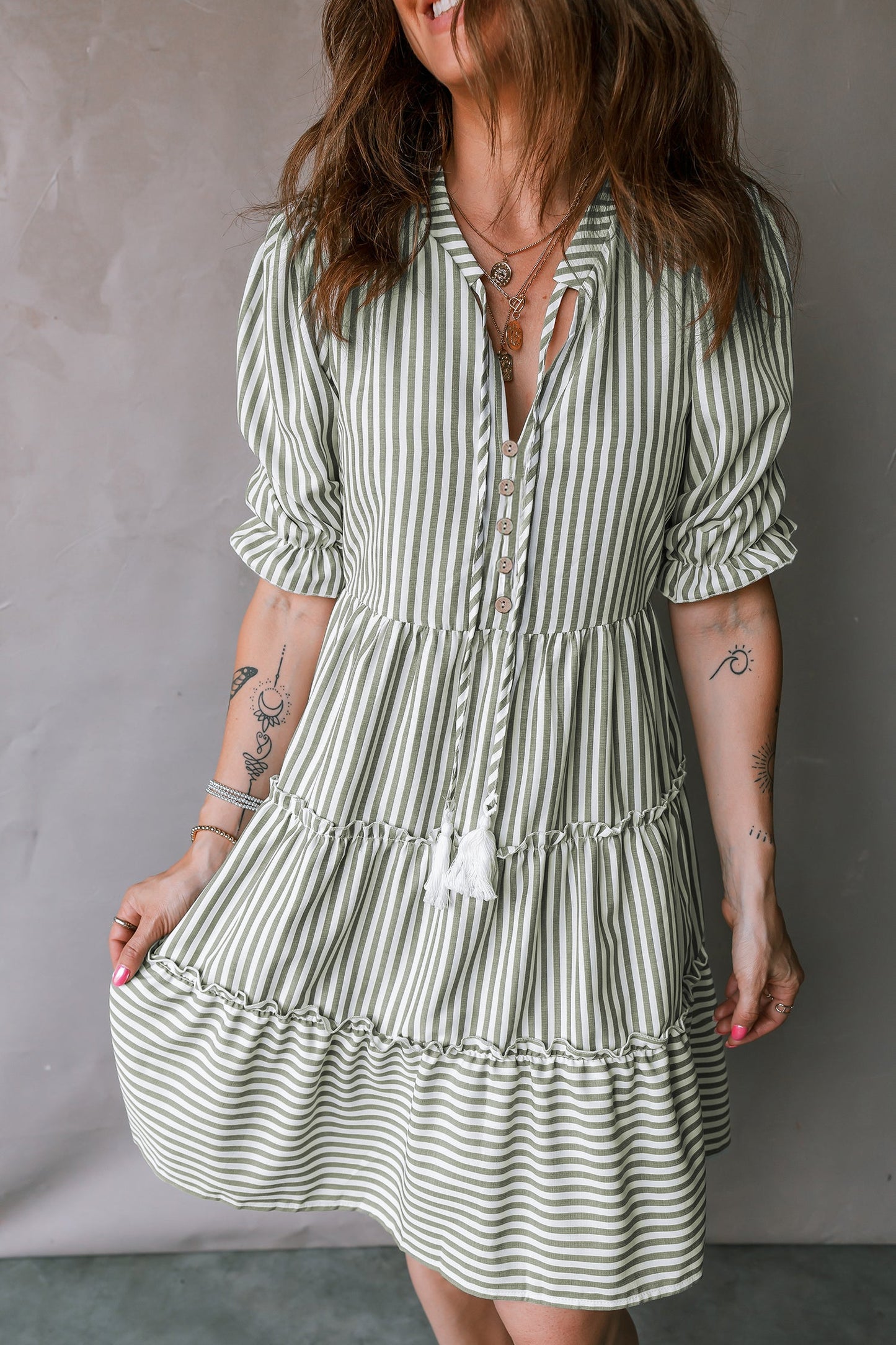Stripe Tassel Tie-Neck Ruffle Tiered Dress