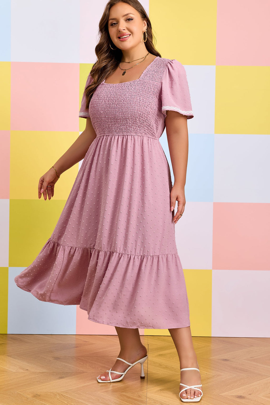 Plus Size Swiss Dot Smocked Flowy Midi Dress