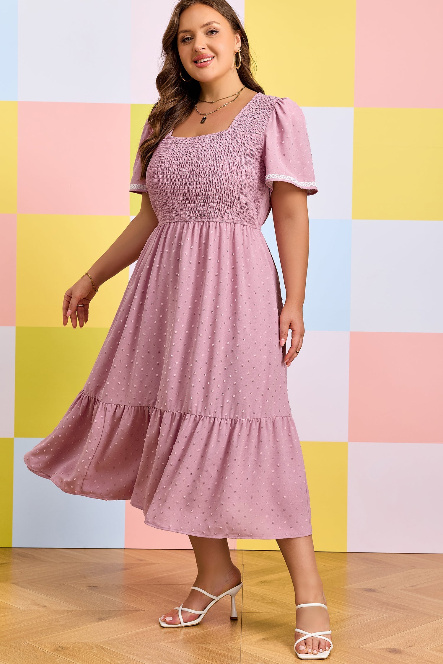 Plus Size Swiss Dot Smocked Flowy Midi Dress