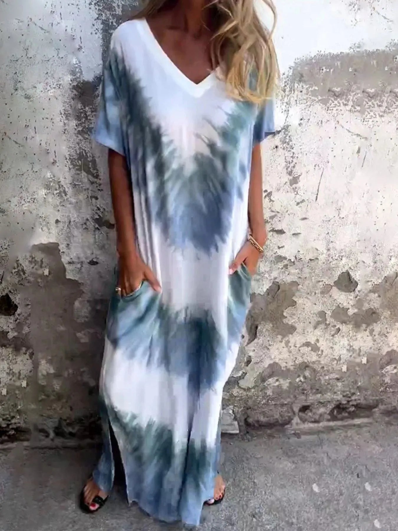 Full Size Tie-Dye V-Neck Midi Dress with Pockets Plus Size
