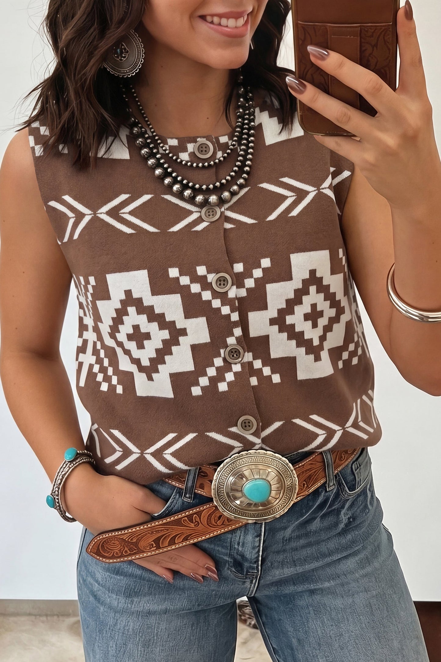 Southwestern Aztec Buttoned Sweater Vest