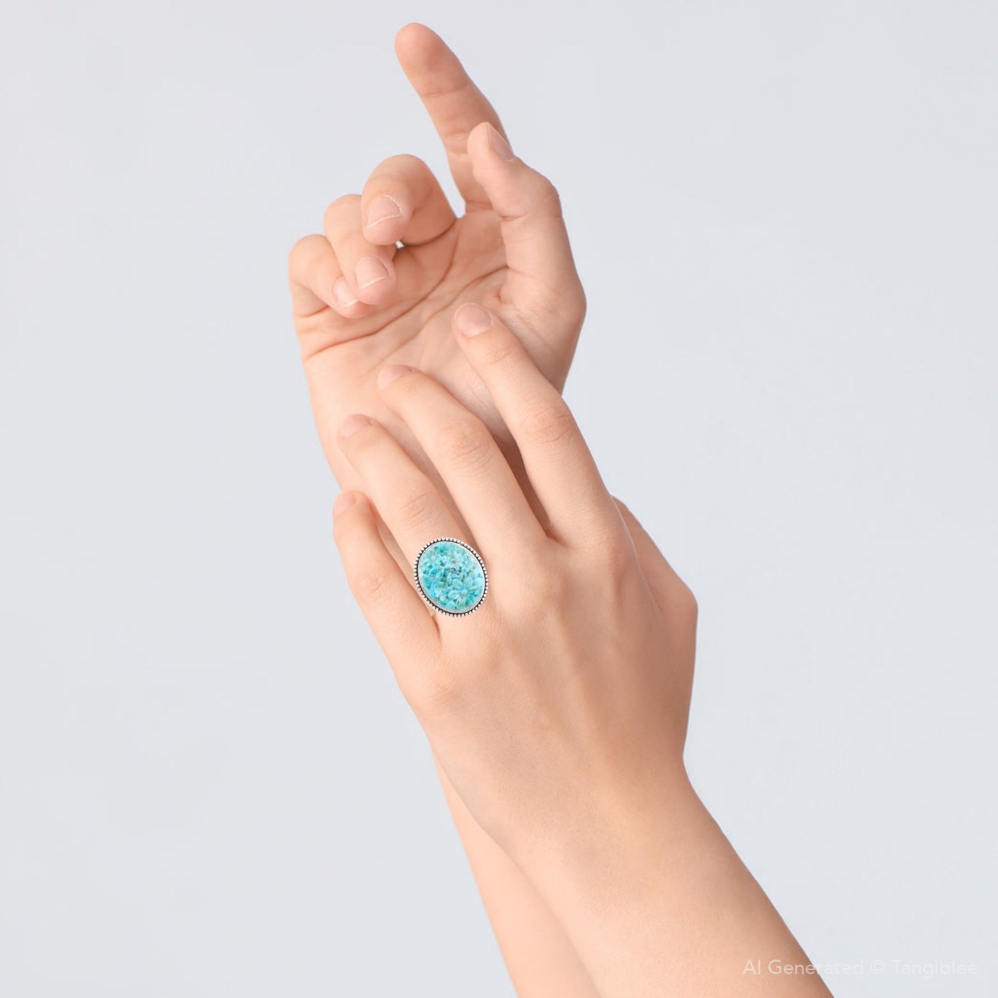 Carved Blue Turquoise and Sterling Silver Cocktail Ring