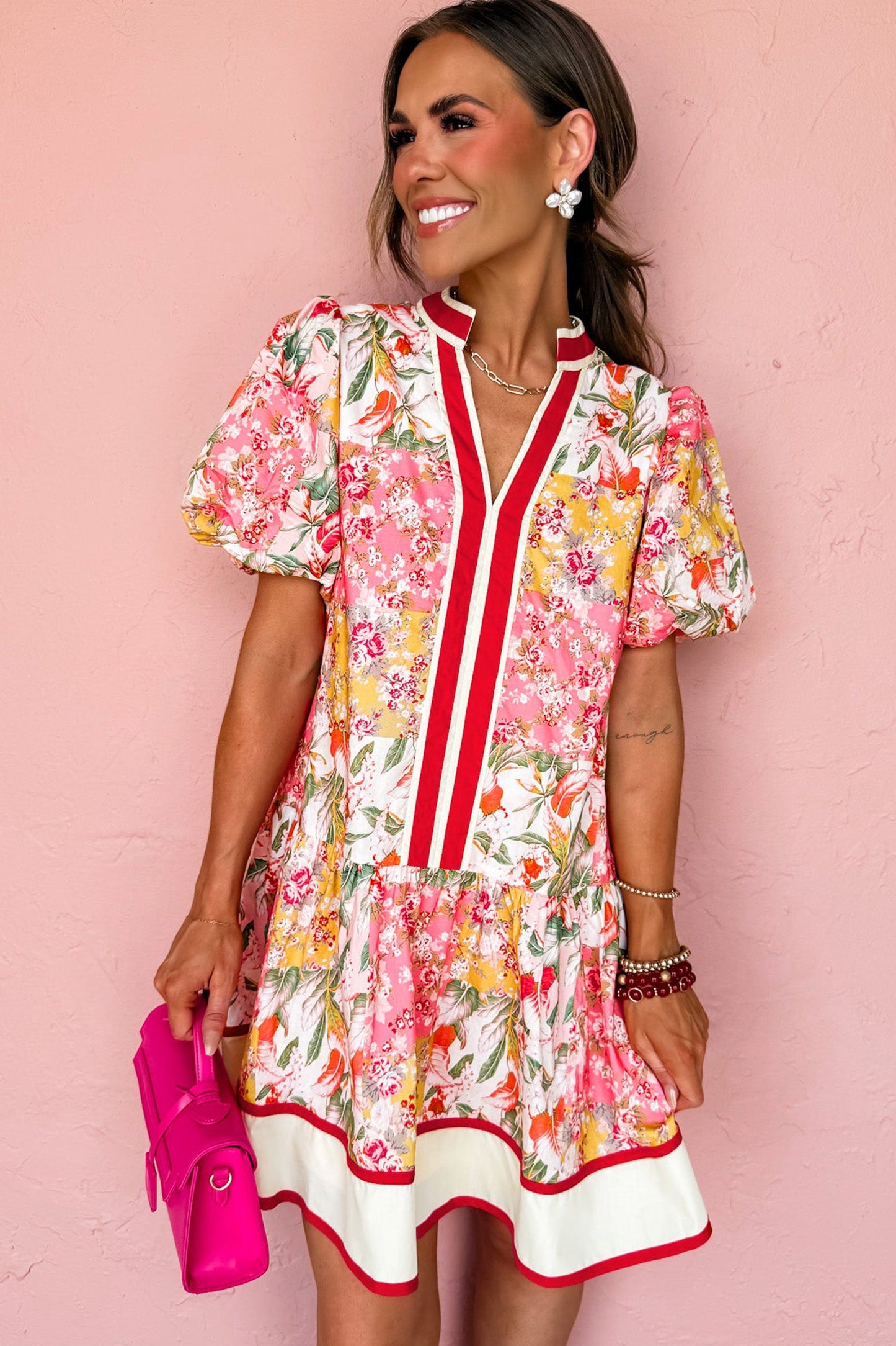 Floral Colorblock Trim V-Neck Ruffle Mini Dress