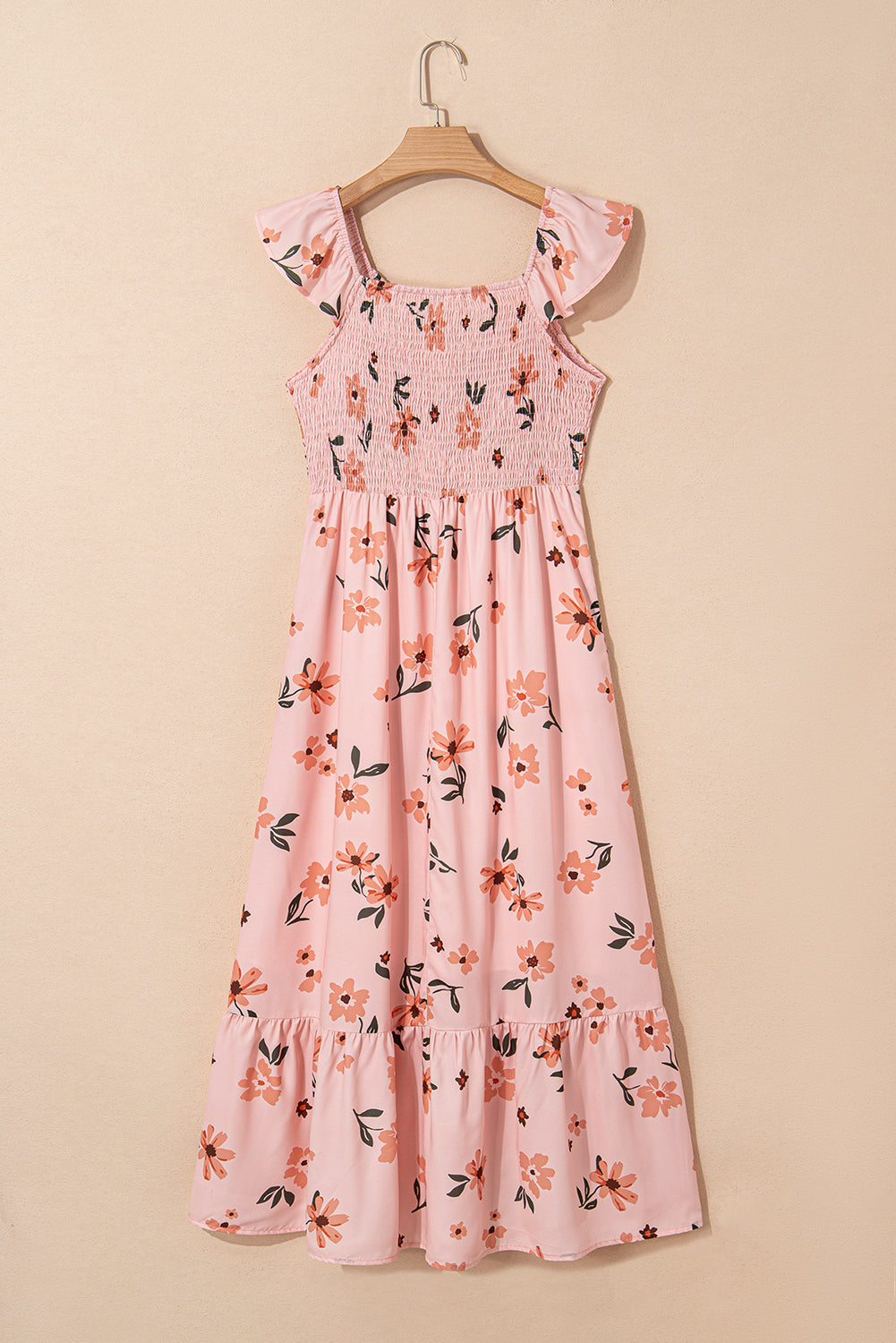 Floral V-Neck Smocked Ruffle Hem Maxi Dress