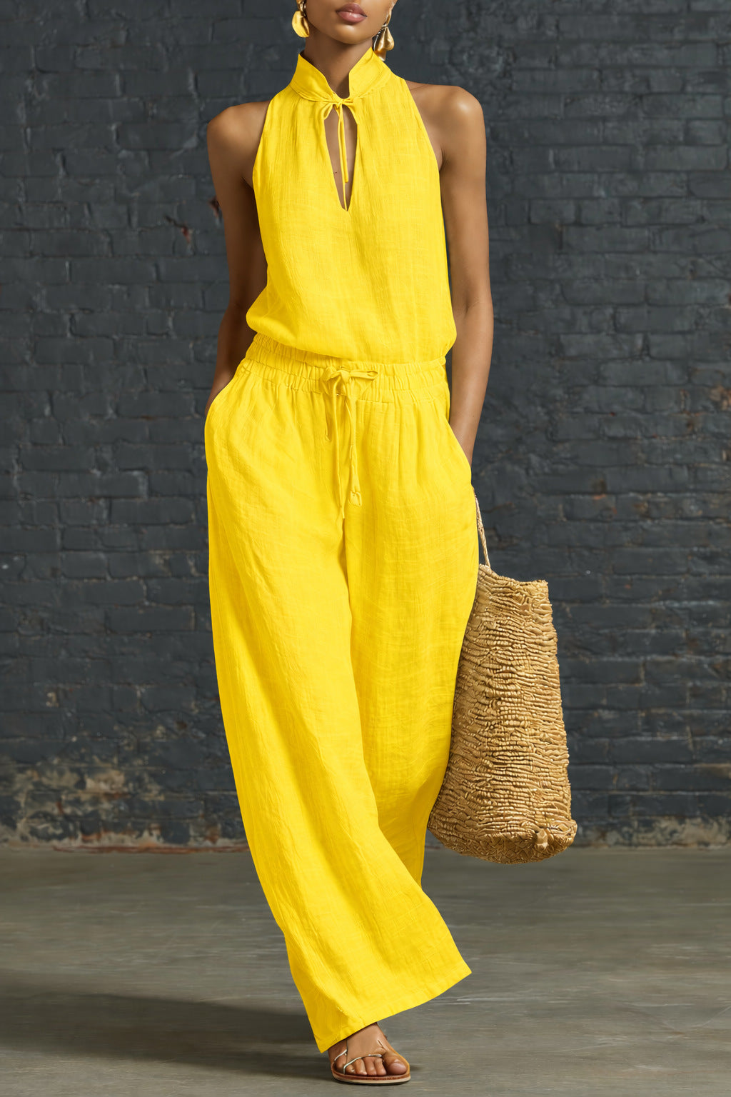 Women's Cotton Linen Sleeveless Top & Wide-Leg Pants Two-Piece Set