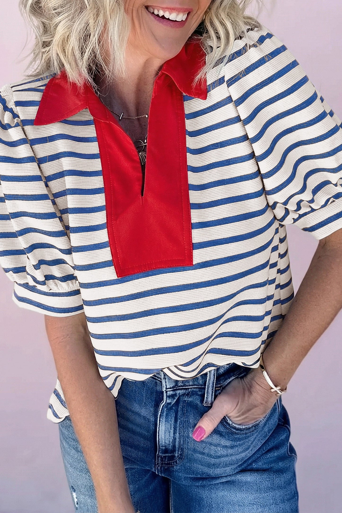 Stripe Colorblock Puff Sleeve Polo Collar Blouse
