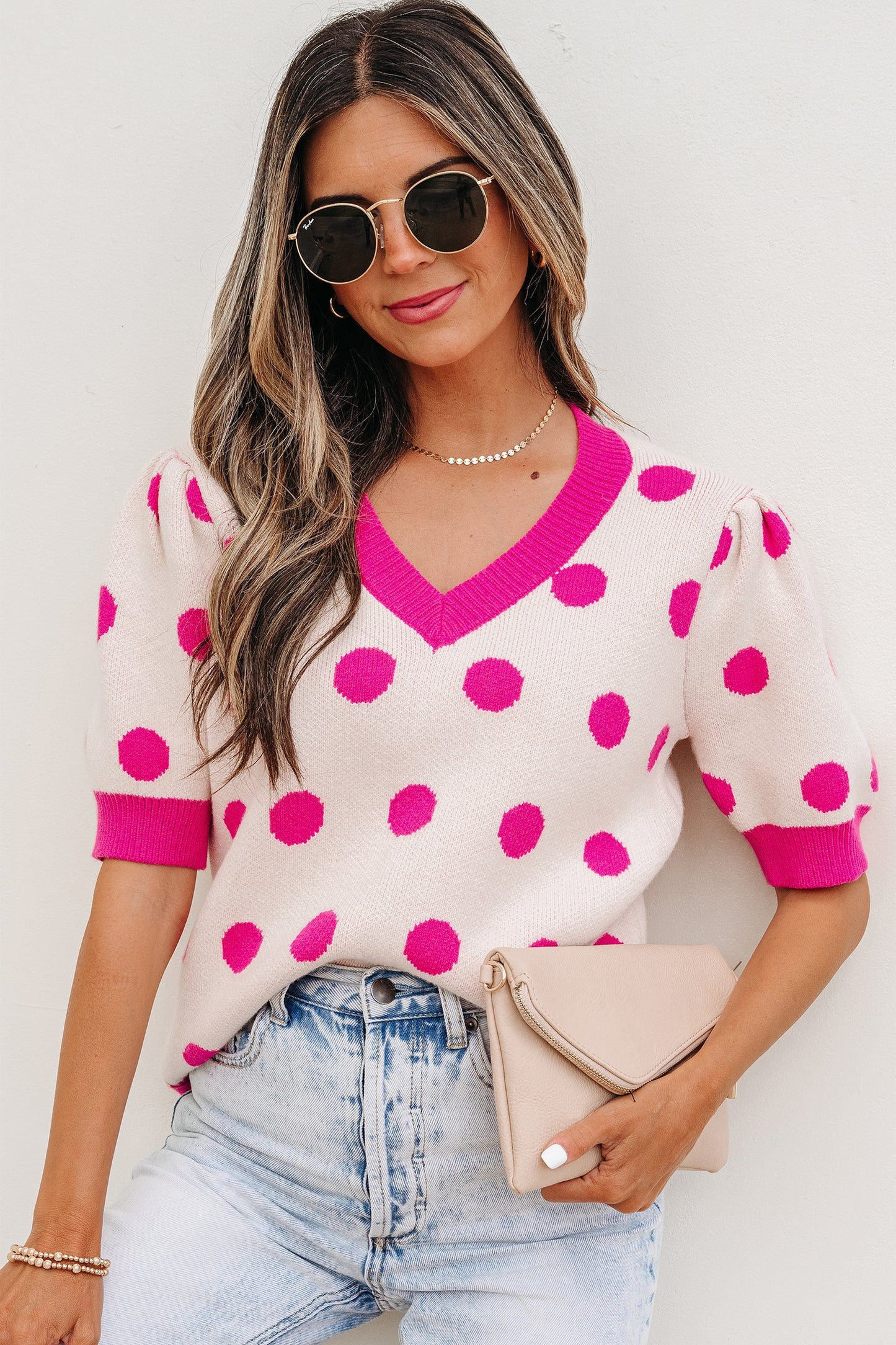 Polka Dot Puff Short Sleeve Sweater Top