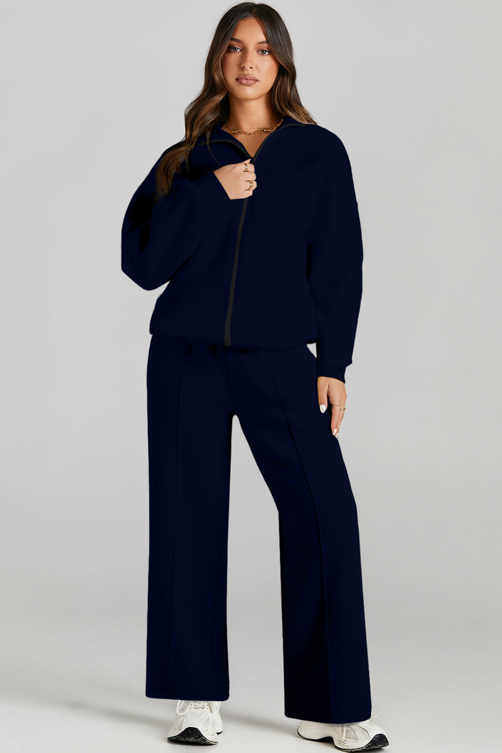 Solid Zip-Up Jacket and Drawstring Pants Set