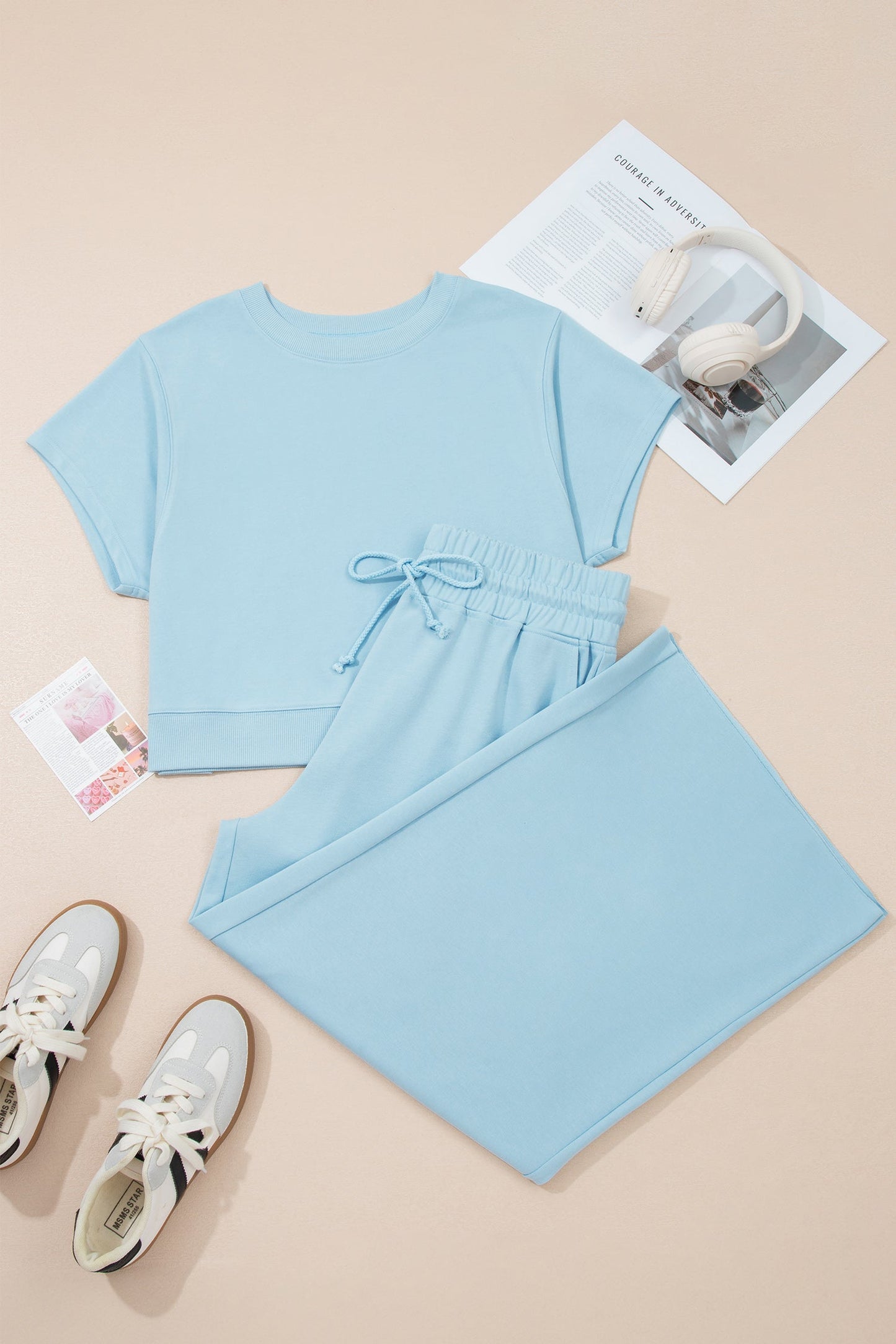 Plus Size Solid Top & Drawstring Pants Set