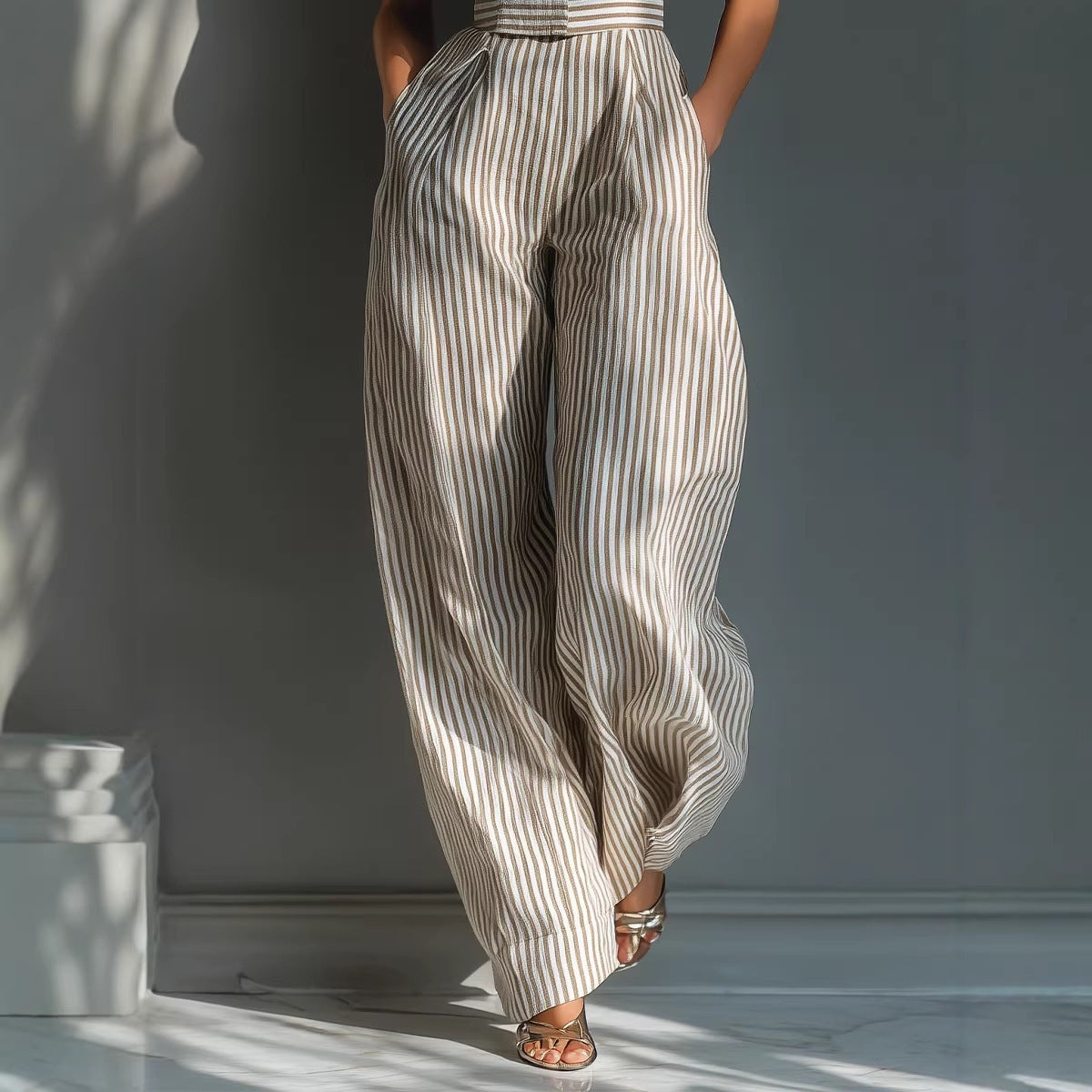 Women's Striped Linen Sleeveless Wide-Leg Jumpsuit