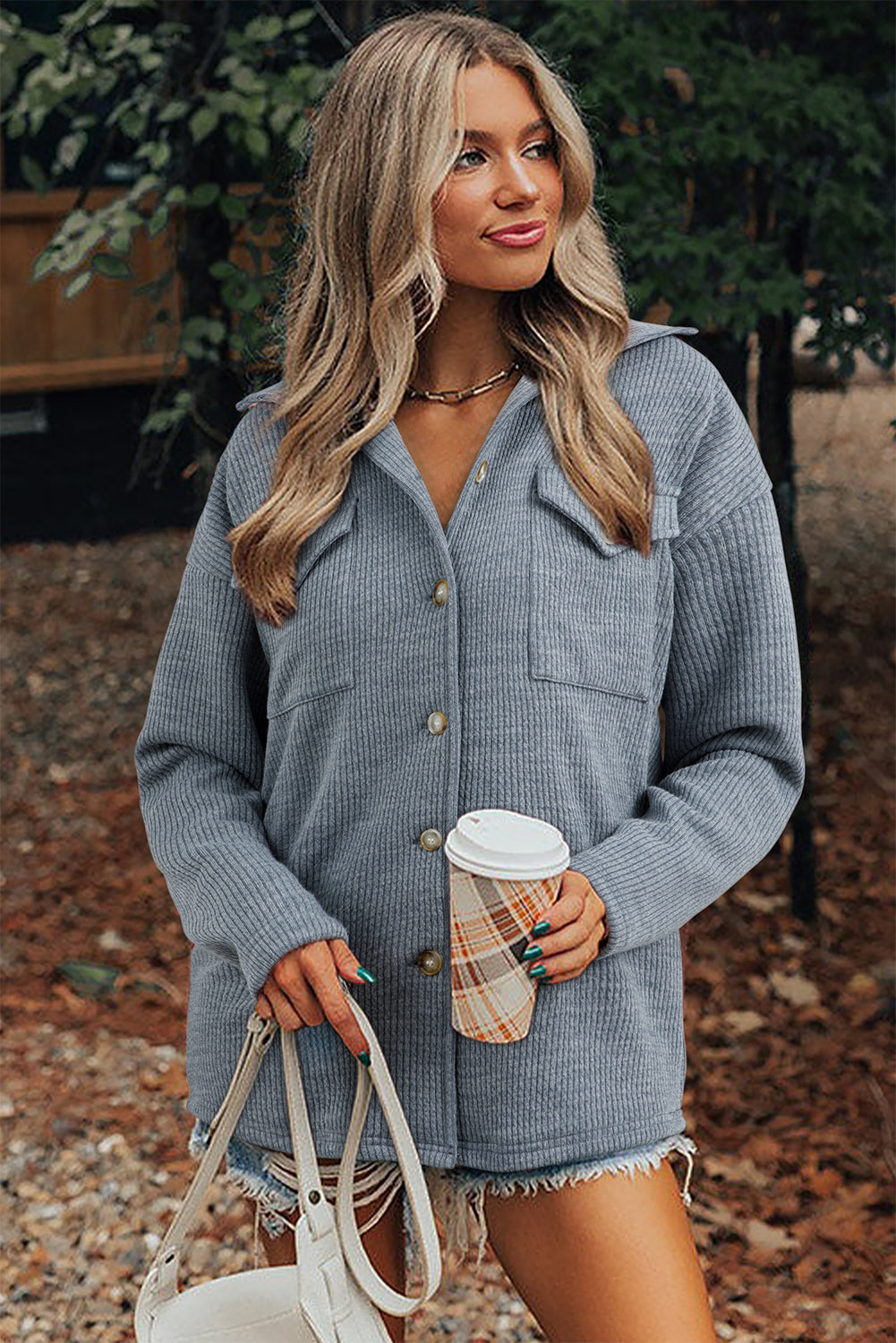 Ribbed Knit Flap Pocket Button-Up Shacket