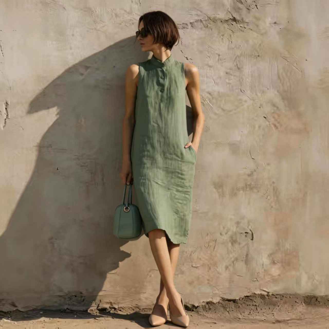 Women's Sleeveless A-Line Midi Dress – Solid Color Cotton Linen Casual