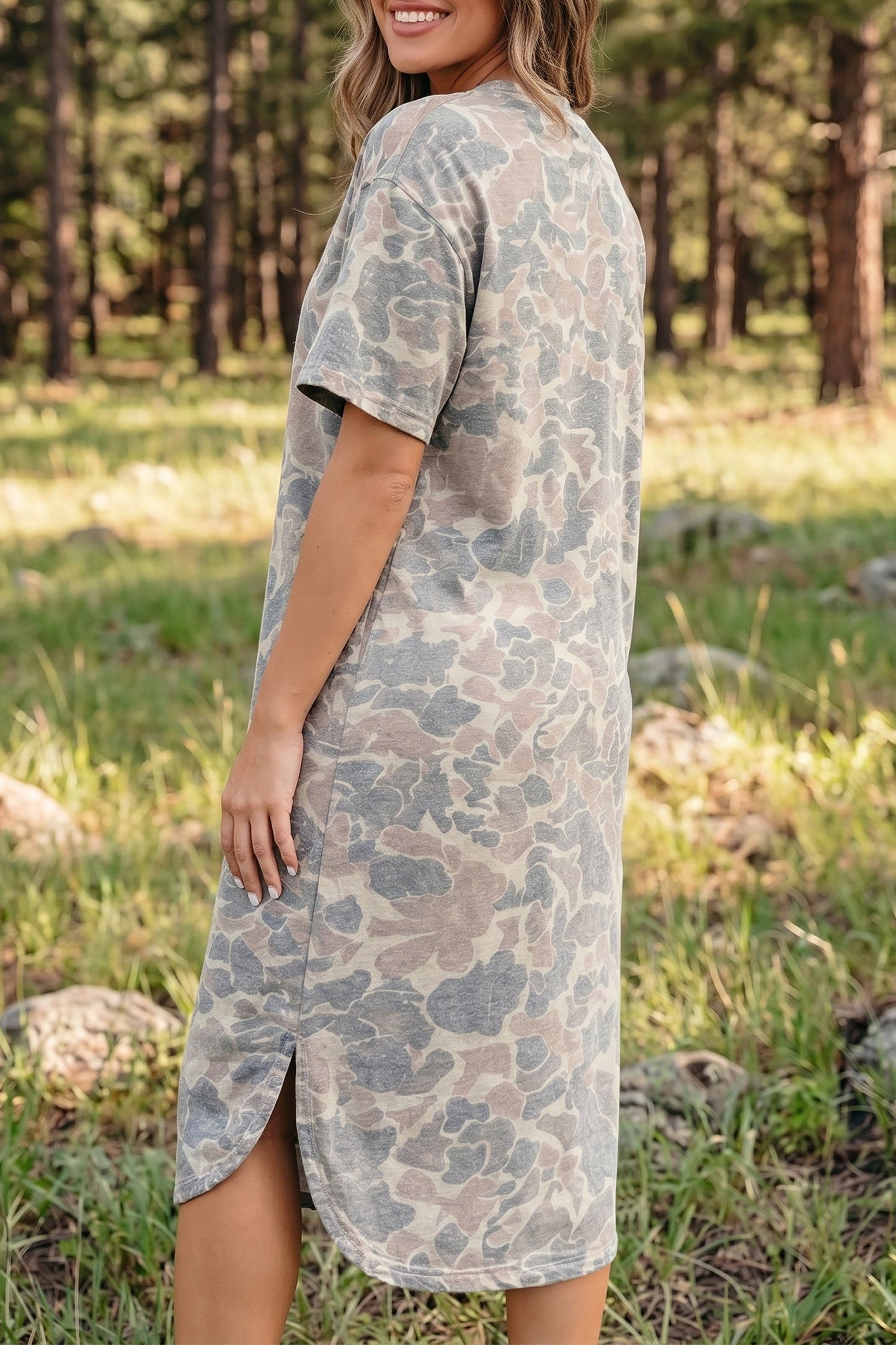 Camo Short Sleeve Drop Shoulder Side Slit Dress