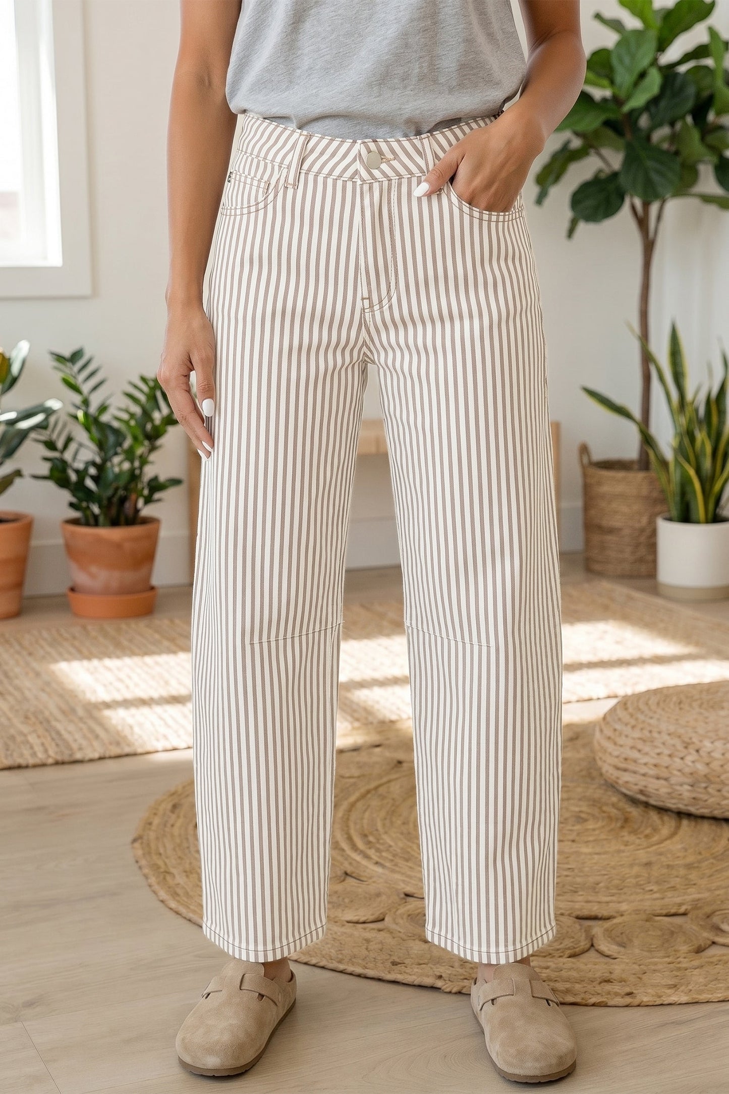Stripe Denim High Waist Barrel Leg Jeans