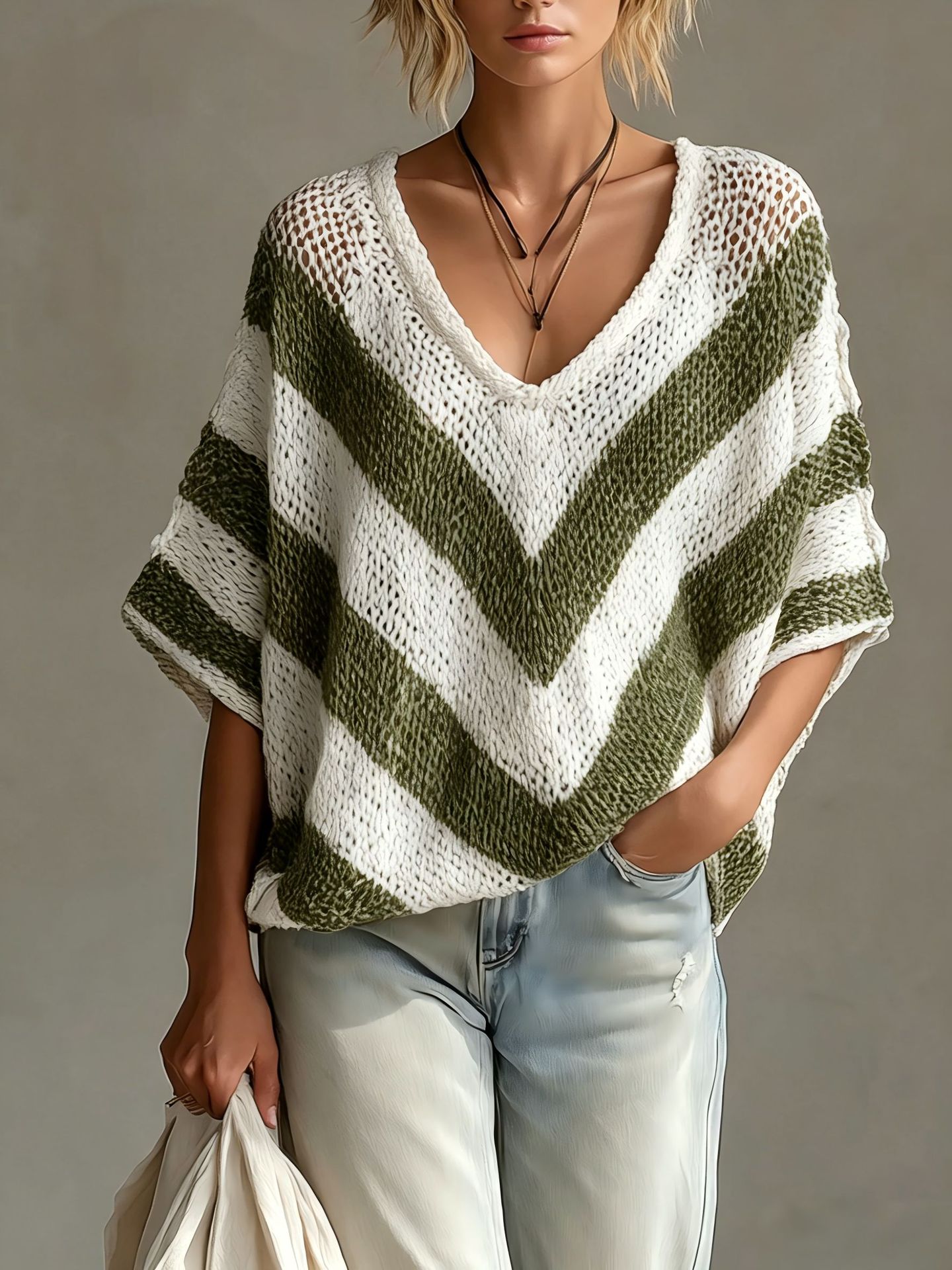 Women's V-Neck Knit Sweater – Loose Fit, Drop Shoulder, 3/4 Sleeve