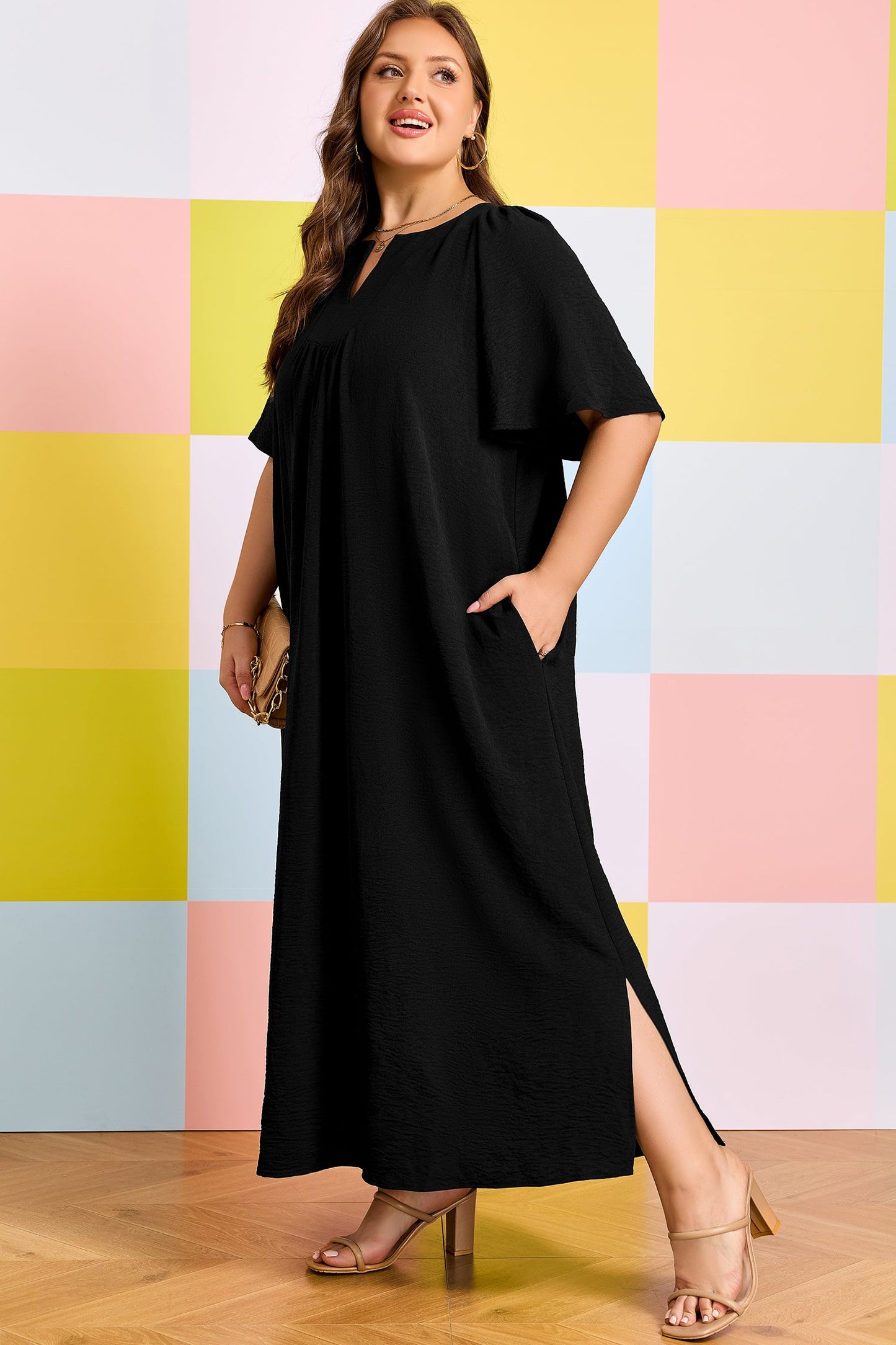 Plus Size Solid Notched Neck Short Sleeve Dress