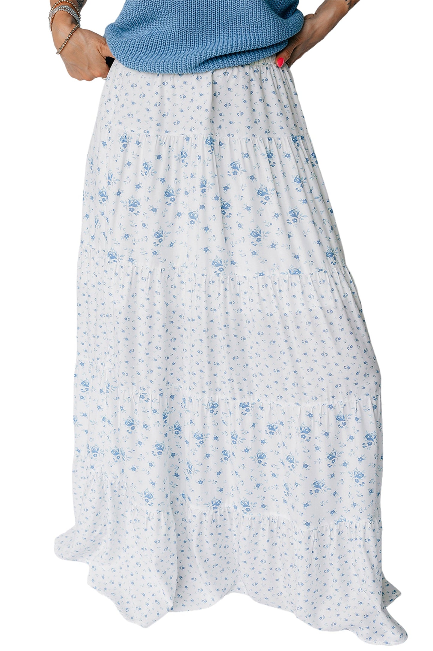 Floral Patchwork High Waist Tiered Maxi Skirt