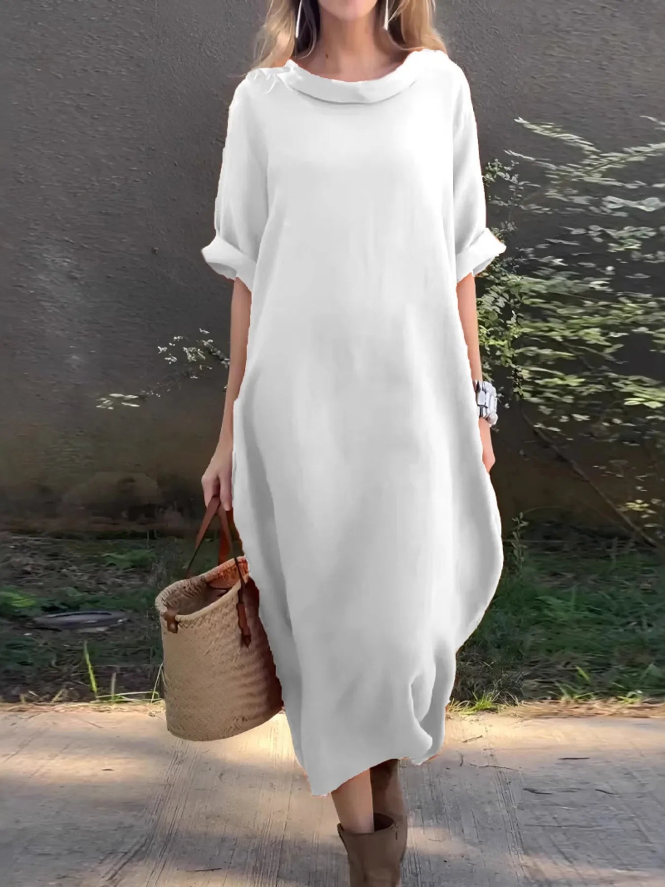 Full Size Casual Loose Fit Round Neck Midi Dress Plus Size