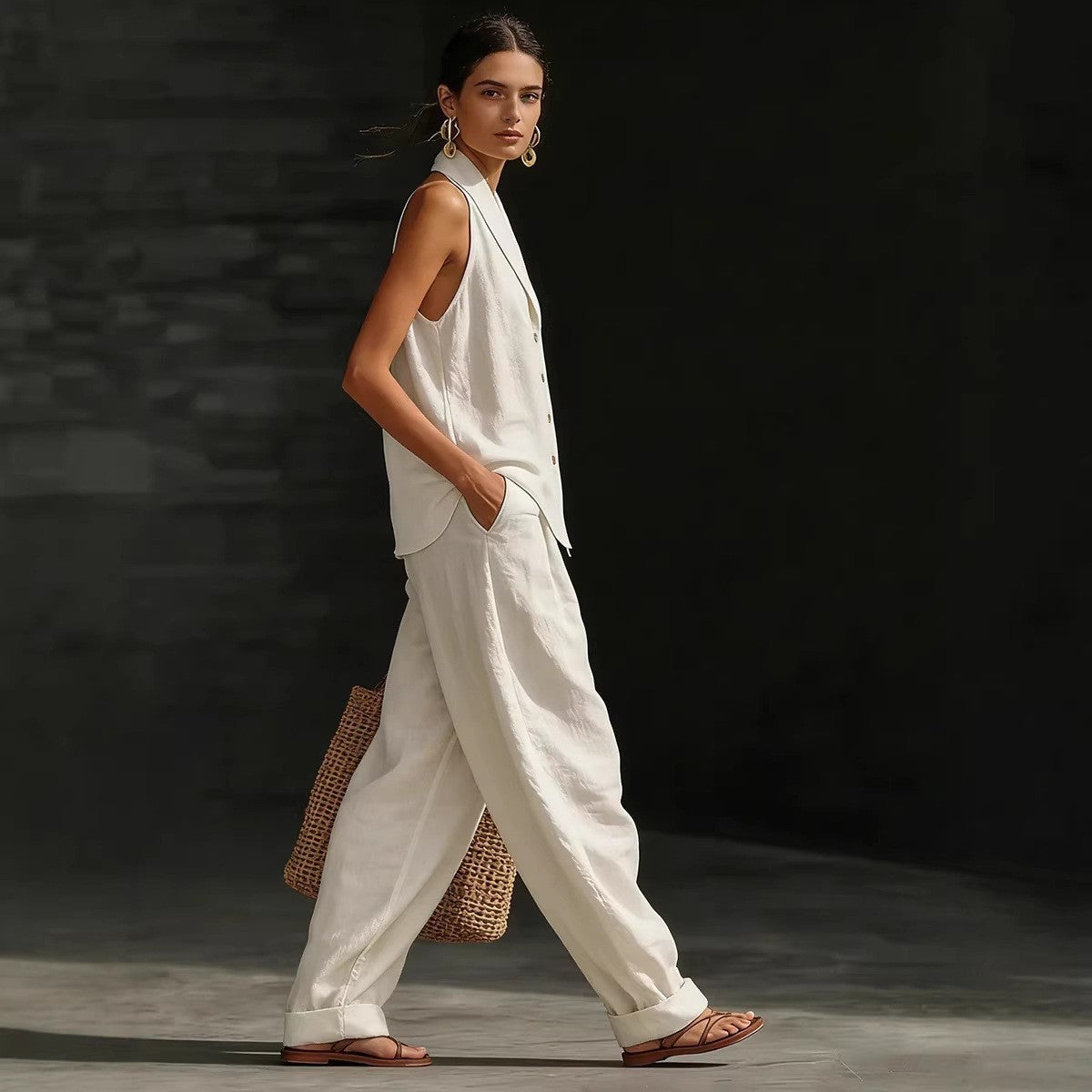 Women's Sleeveless Vest & Wide-Leg Pants Cotton-Linen Two-Piece Set