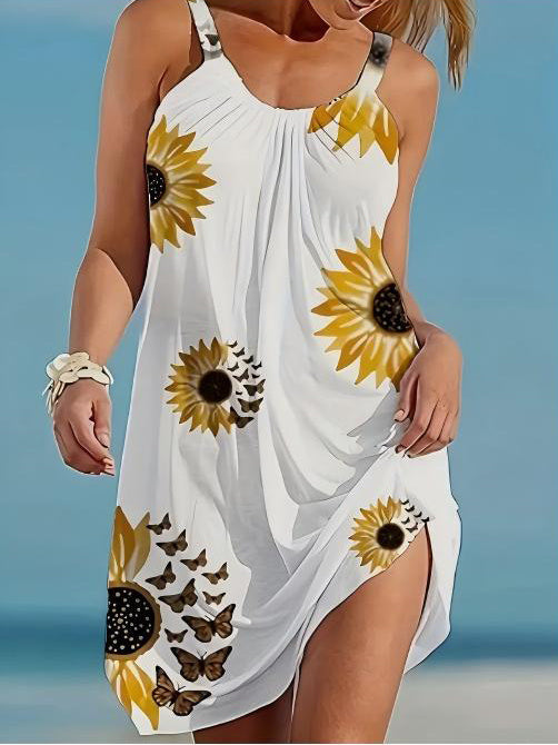 Plus Size Sunflower Print Sleeveless Wrap Dress