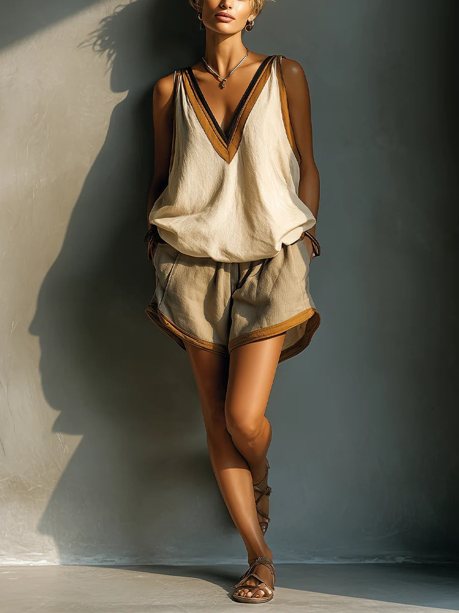 Women's Color-Block V-Neck Sleeveless Top & Shorts Two-Piece Set