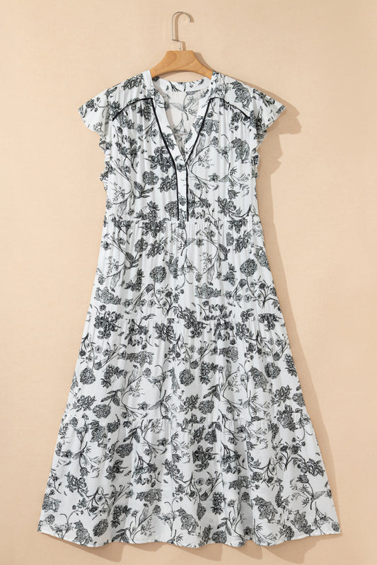 Plus Size Floral Ruffle Sleeve Midi Dress